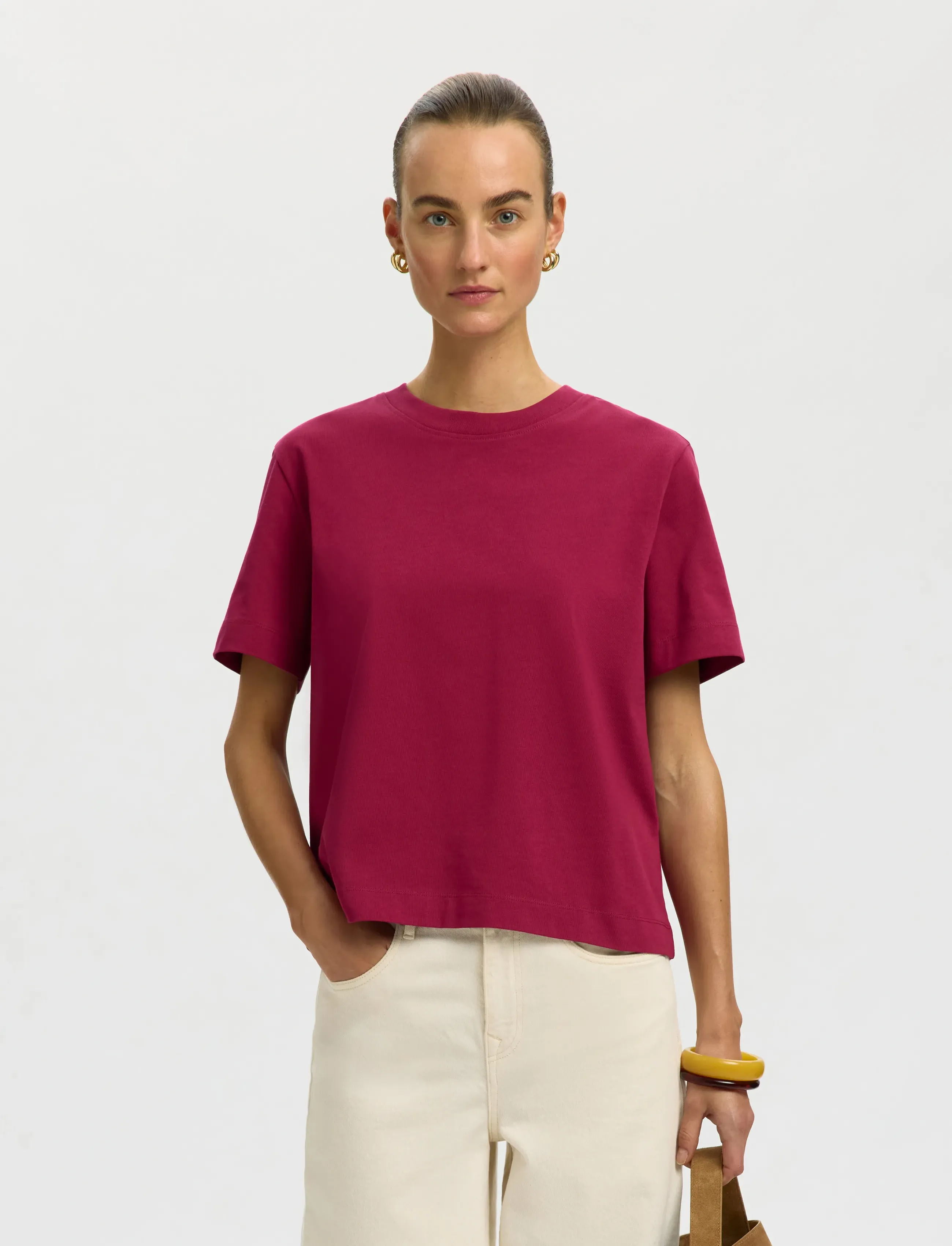 Selected SLWESSENTIAL SS BOXY TEE NOOS - T-Shirts & Tops - ANEMONE / burgundy
