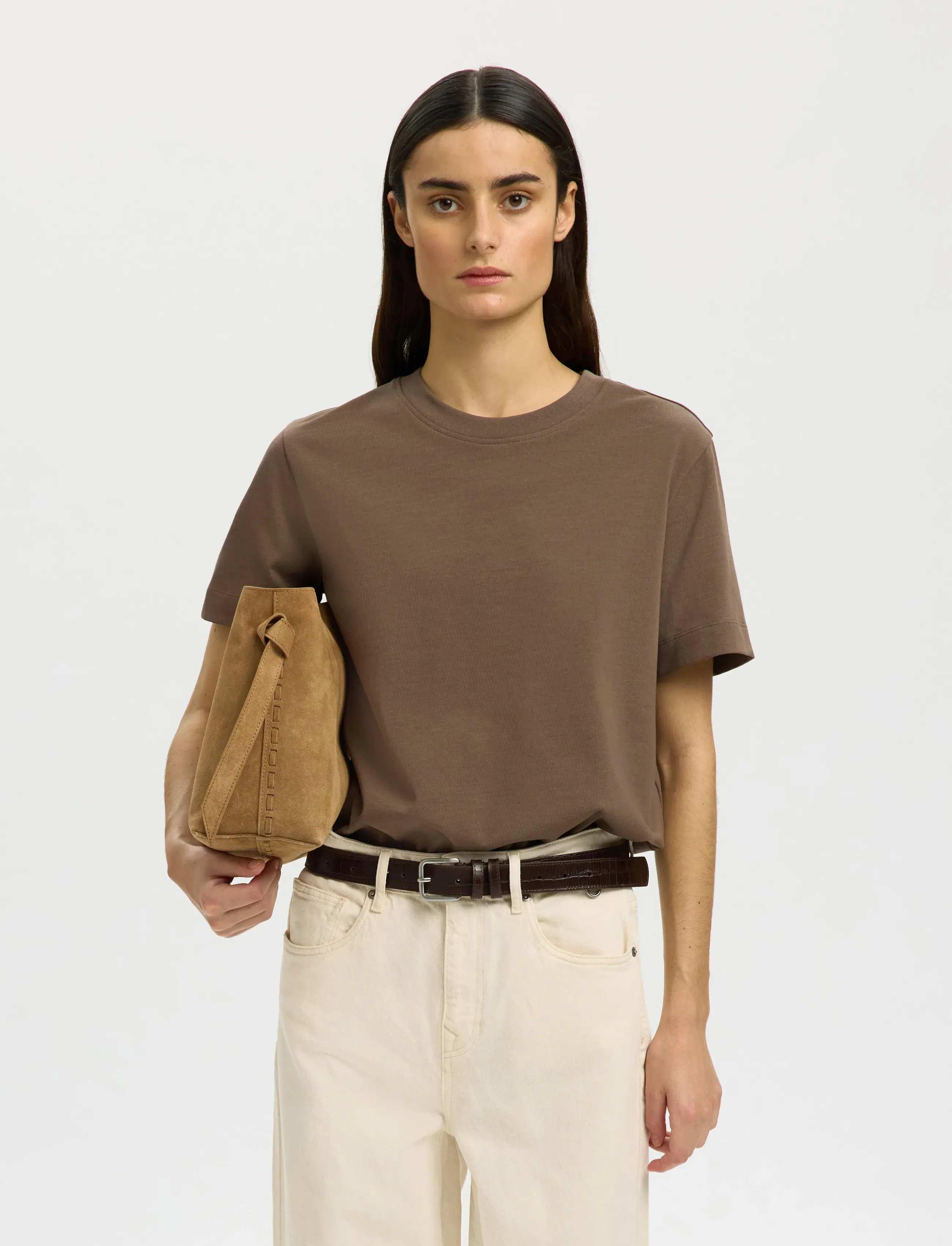 Selected SLFESSENTIAL SS BOXY TEE NOOS - T-shirts - CHOCOLATE CHIP / brown