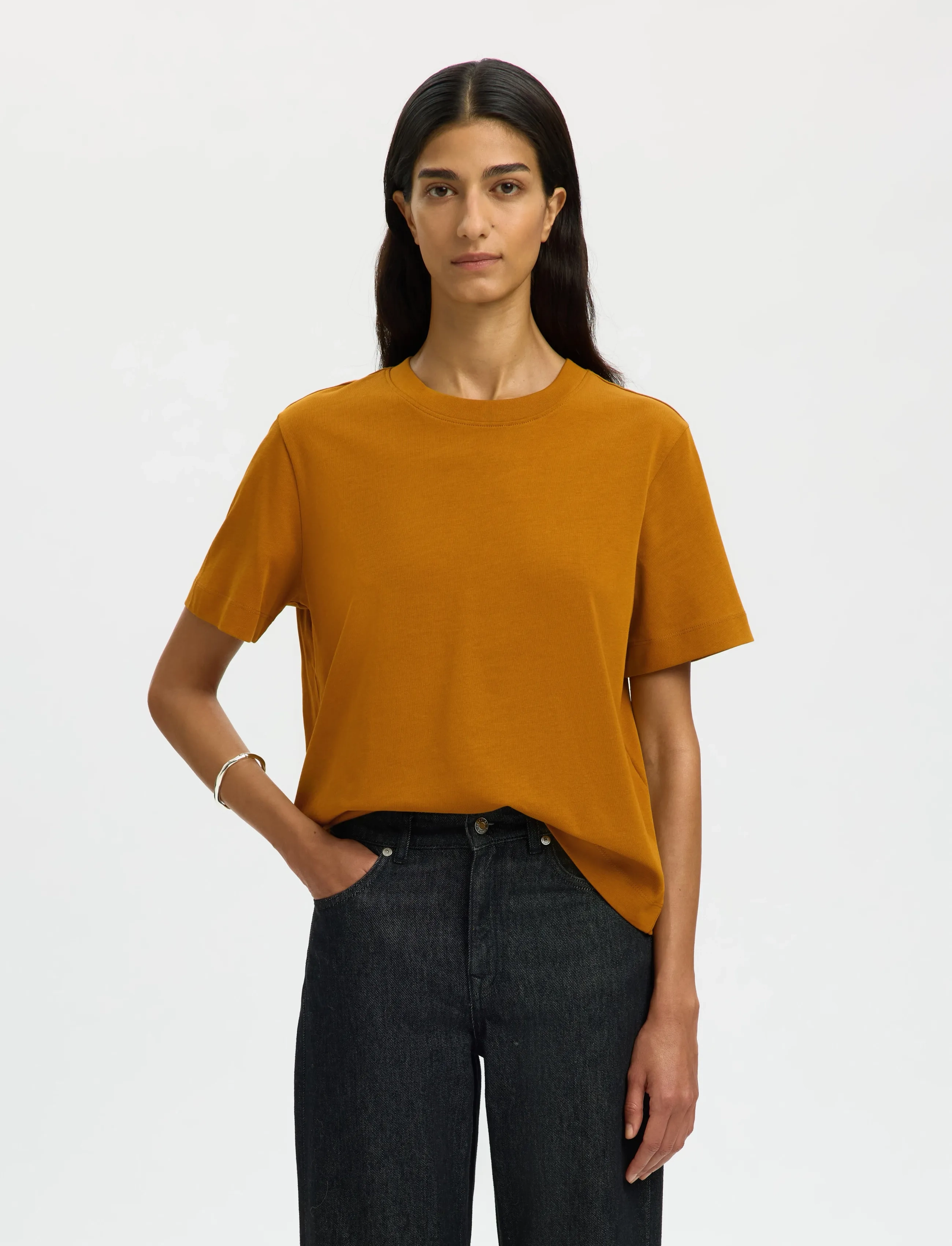 Selected SLWESSENTIAL SS BOXY TEE NOOS - T-shirts - GOLDEN BROWN / orange