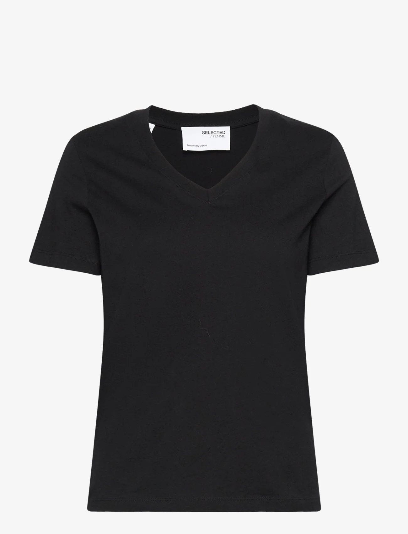Selected Femme - SLFESSENTIAL SS V-NECK TEE NOOS - t-shirts - black - 0