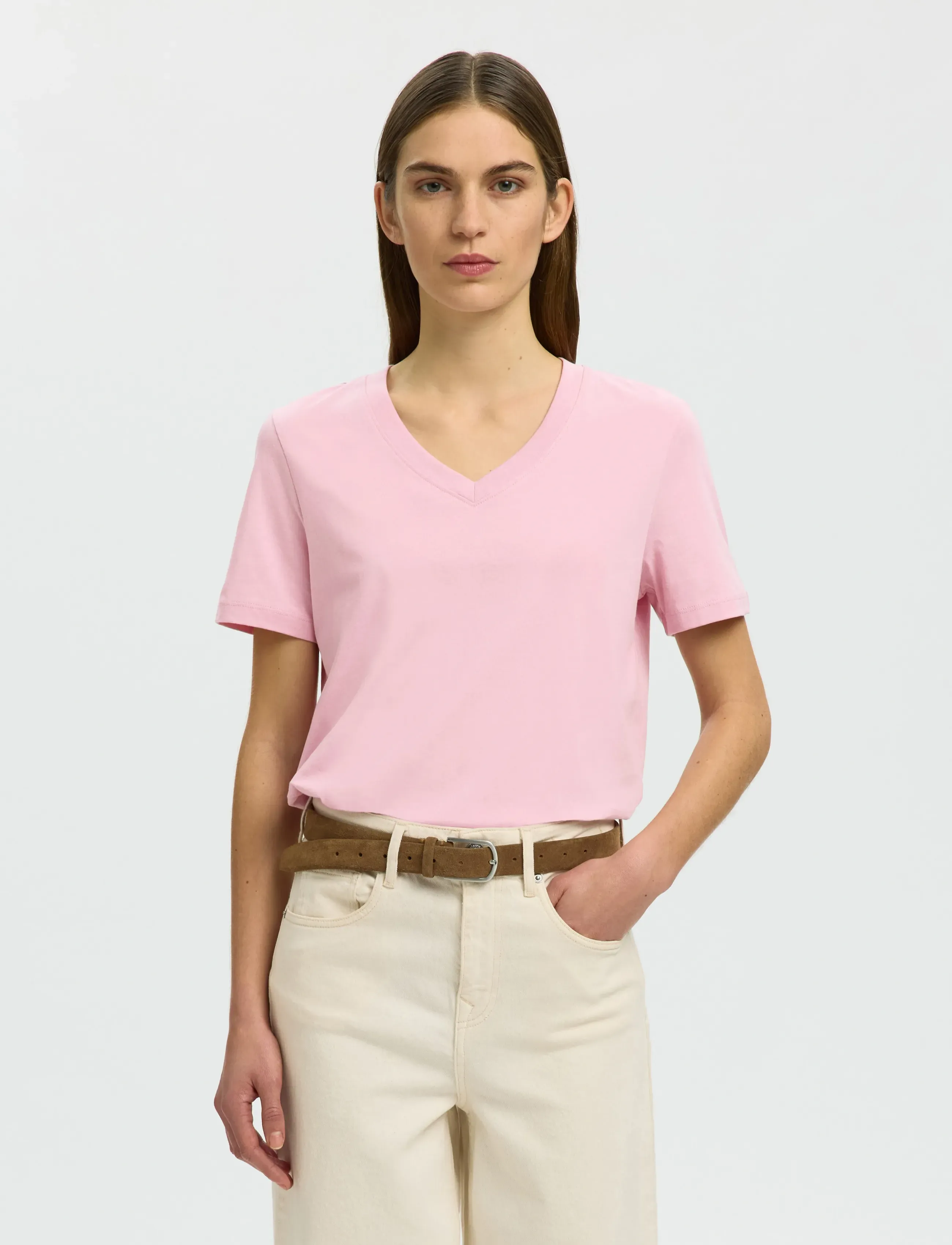 Selected SLWESSENTIAL SS V-NECK TEE NOOS - T-shirts & Toppe - BLEACHED MAUVE / pink/rose