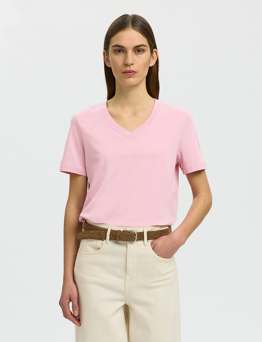 Selected - SLWESSENTIAL SS V-NECK TEE NOOS - t-shirts - bleached mauve - 0