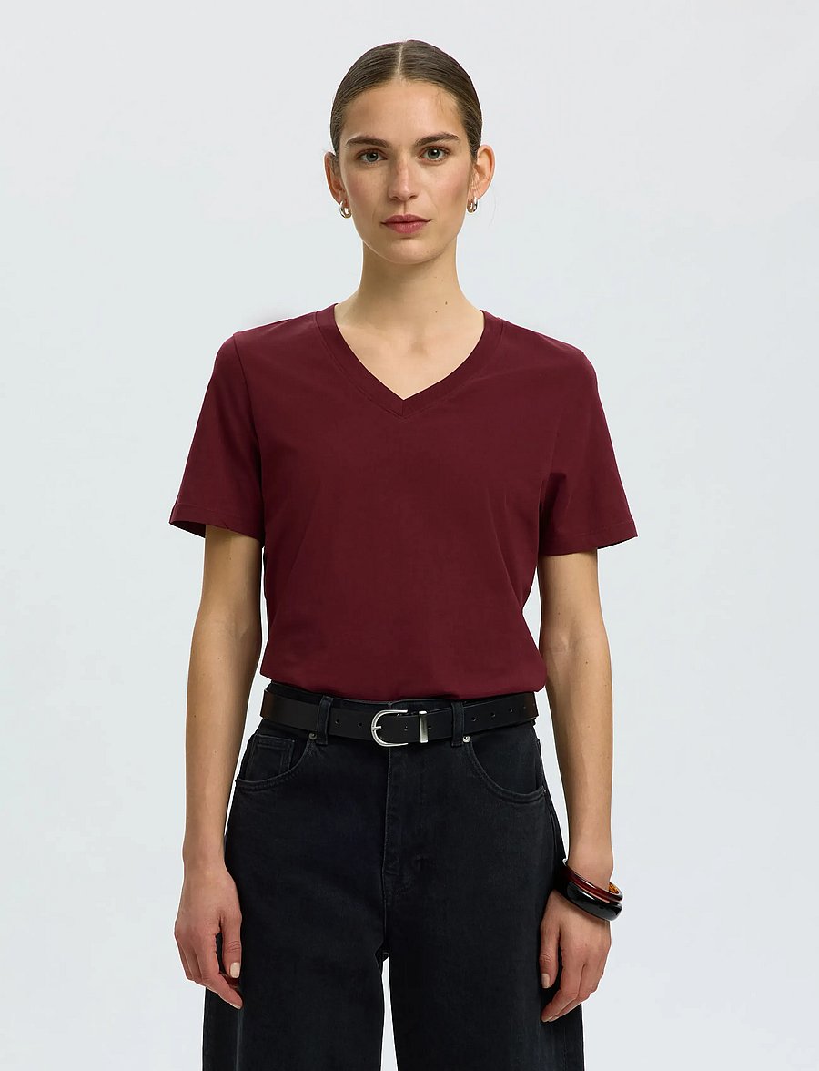 Selected - SLWESSENTIAL SS V-NECK TEE NOOS - t-shirts - tawny port - 0