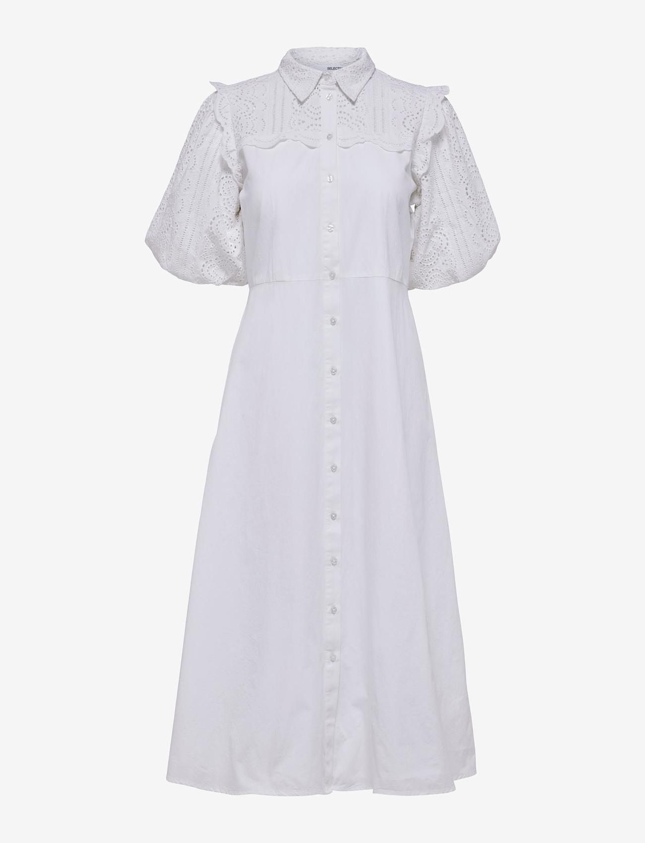 Selected Femme - SLFVIOLETTE 2/4 ANKLE BRODERI DRESS B - sukienki koszulowe - bright white - 0
