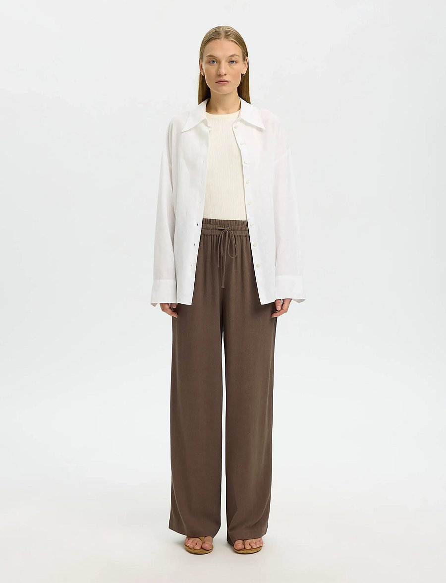 Selected - SLFVIVA-GULIA HW LONG LINEN PANT NOOS - hose mit geradem bein - chocolate chip - 3