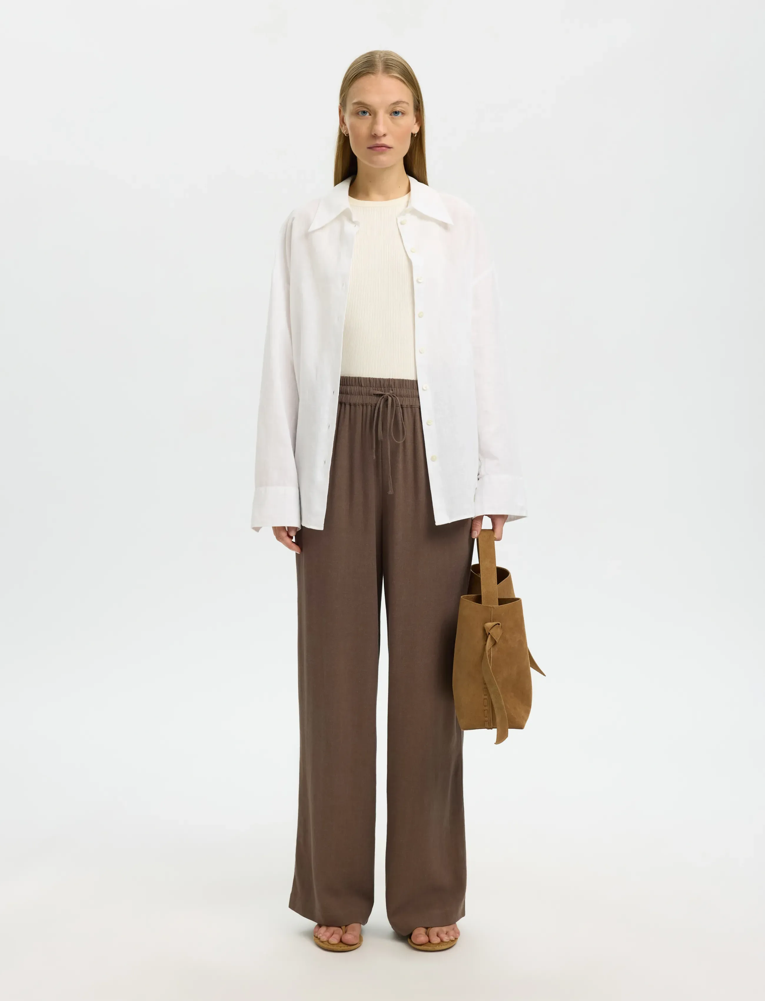 Selected - SLFVIVA-GULIA HW LONG SUN PANT NOOS - pantalons droits - chocolate chip - 4