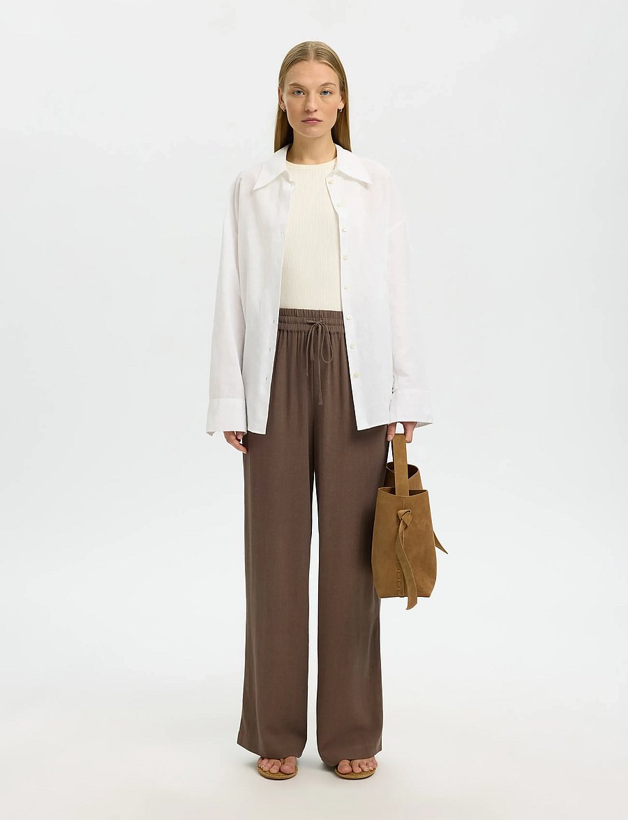 Selected - SLFVIVA-GULIA HW LONG LINEN PANT NOOS - hose mit geradem bein - chocolate chip - 4