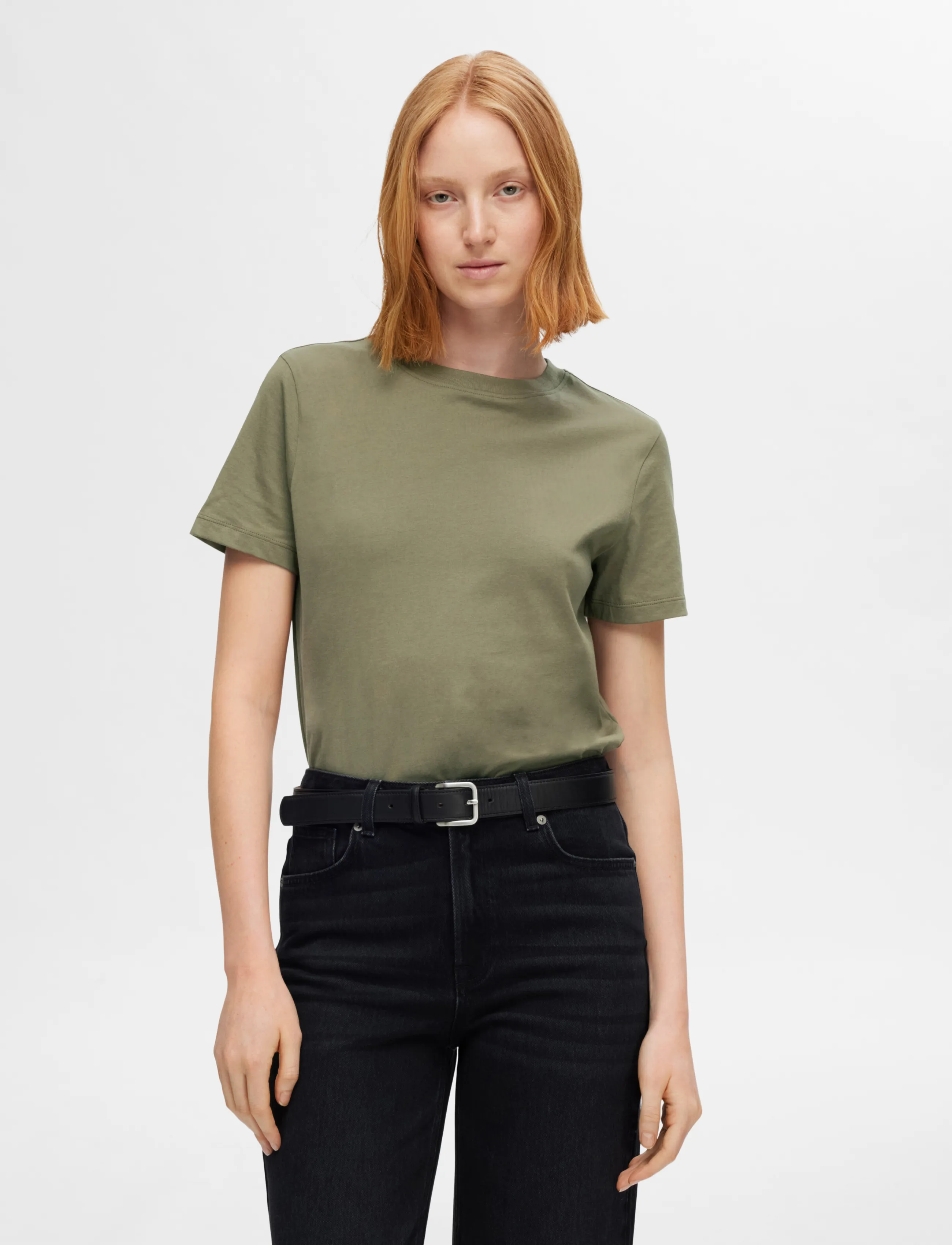 Selected Slwmyessential Ss O-Neck Tee Noos, XXL, T-shirts & Oberteile, Khakigrün - Short-sleeved, Frauen
