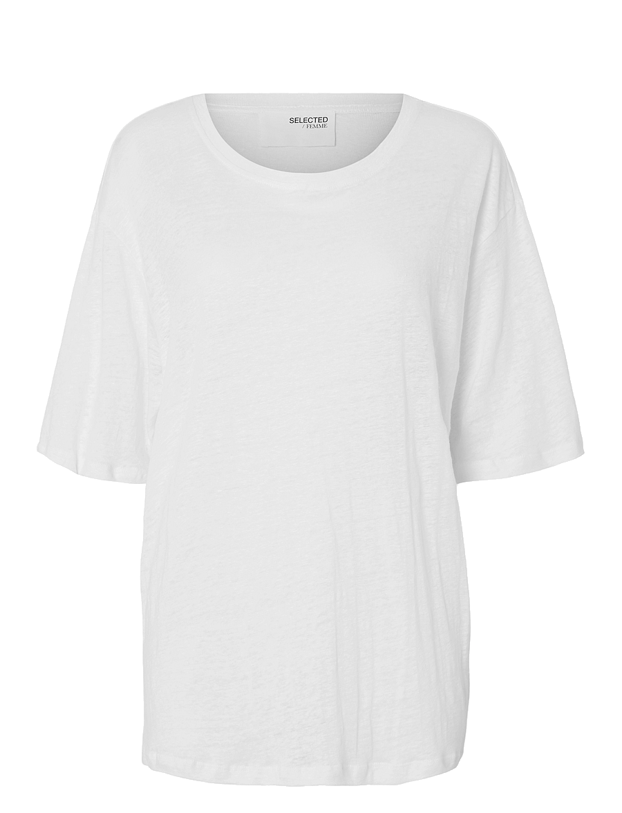 Selected - SLFVILJA LINEN SS TEE - marškinėliai - bright white - 1