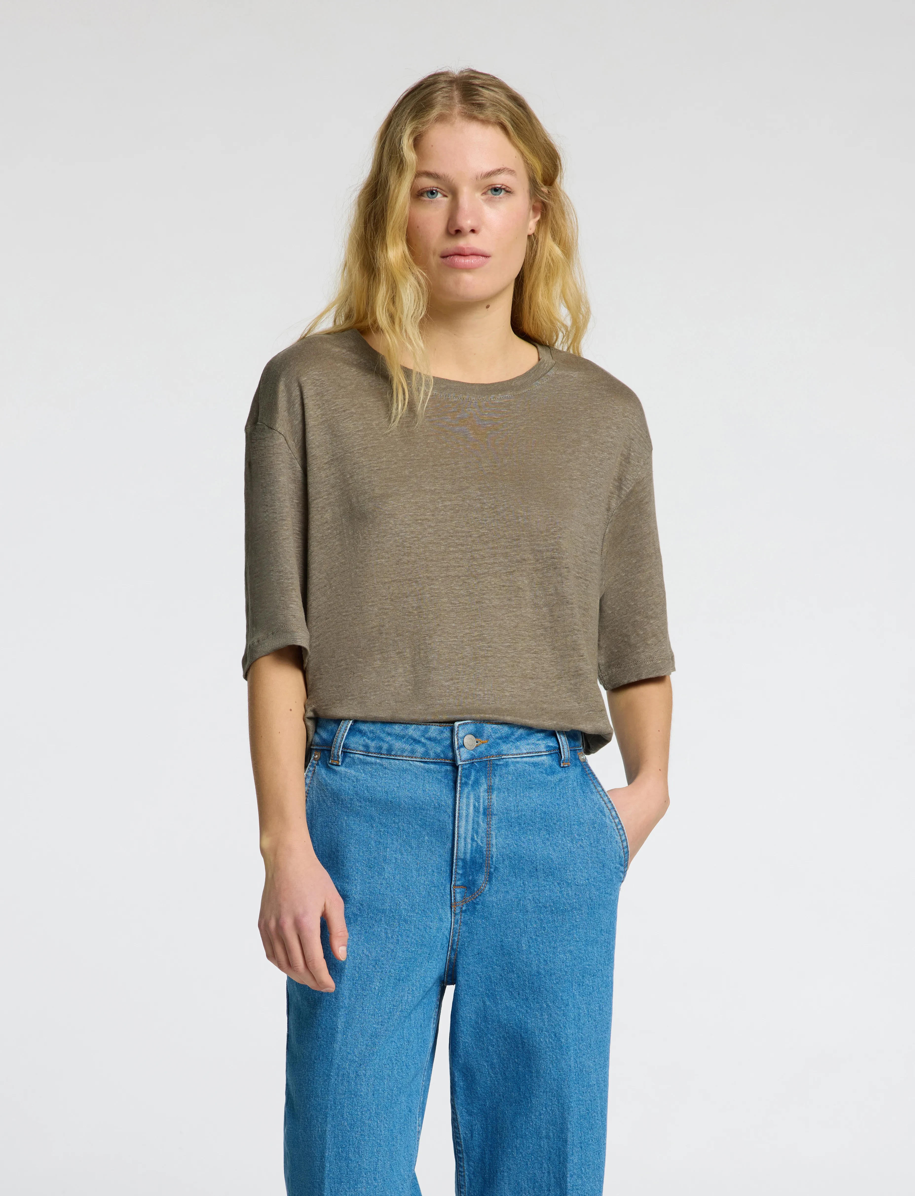 Selected Slfvilja Linen Ss Tee, Kvinder, Afslappet Pasform T-shirt, Kakigrøn, Str: S