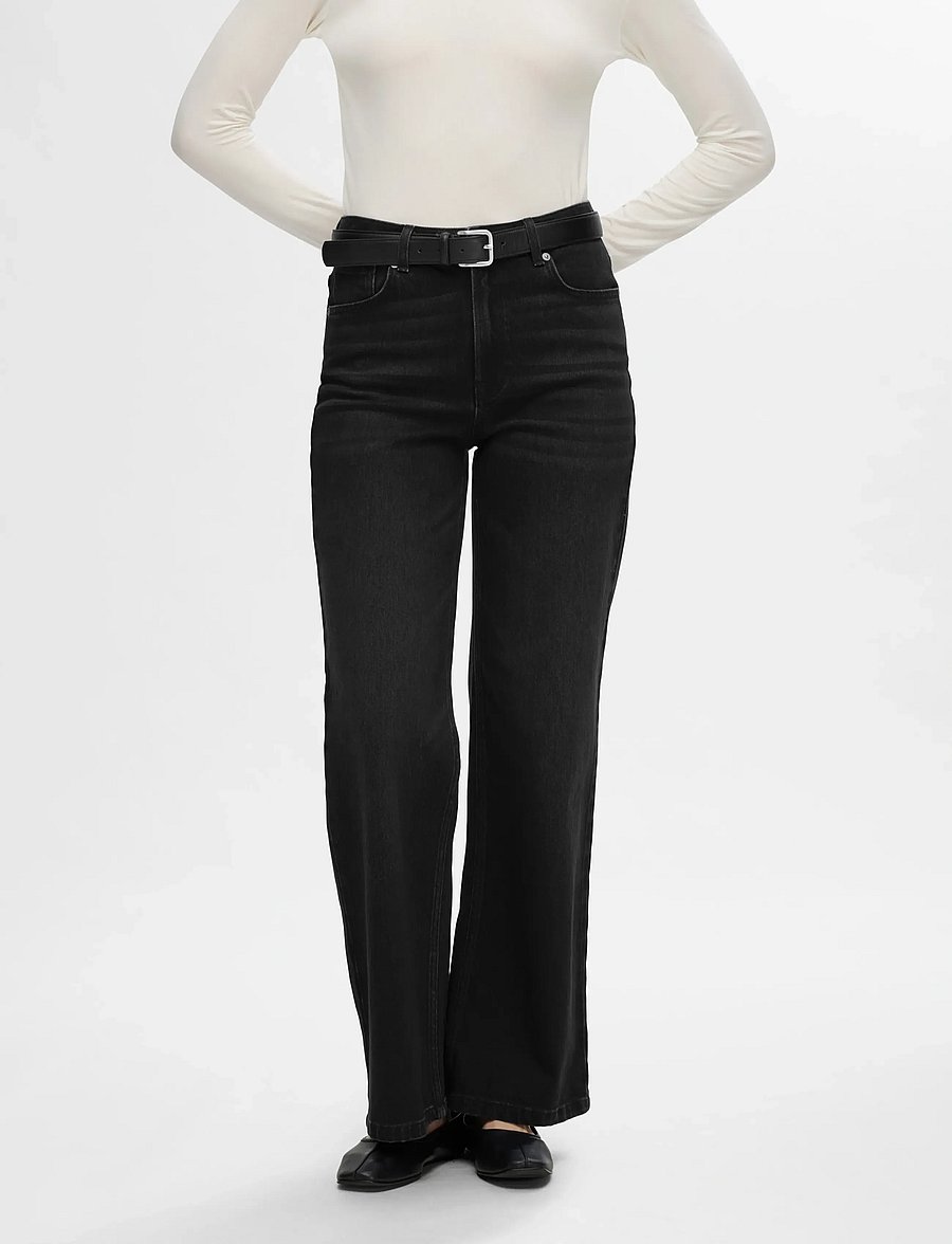 Selected - SLFALICE HW WIDE LONG BLACK JEANS NOOS - brede jeans - black denim - 0