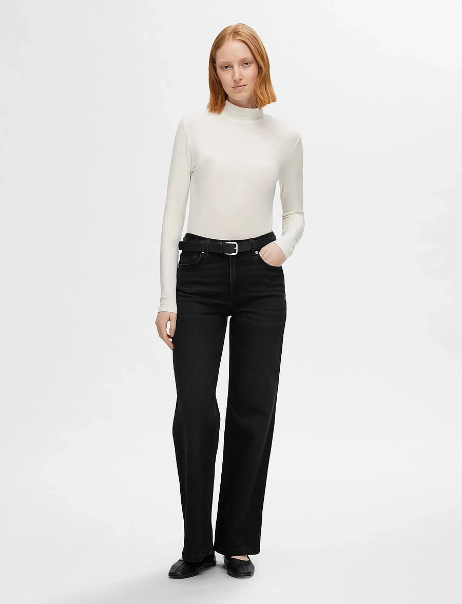 Selected - SLFALICE HW WIDE LONG BLACK JEANS NOOS - brede jeans - black denim - 4