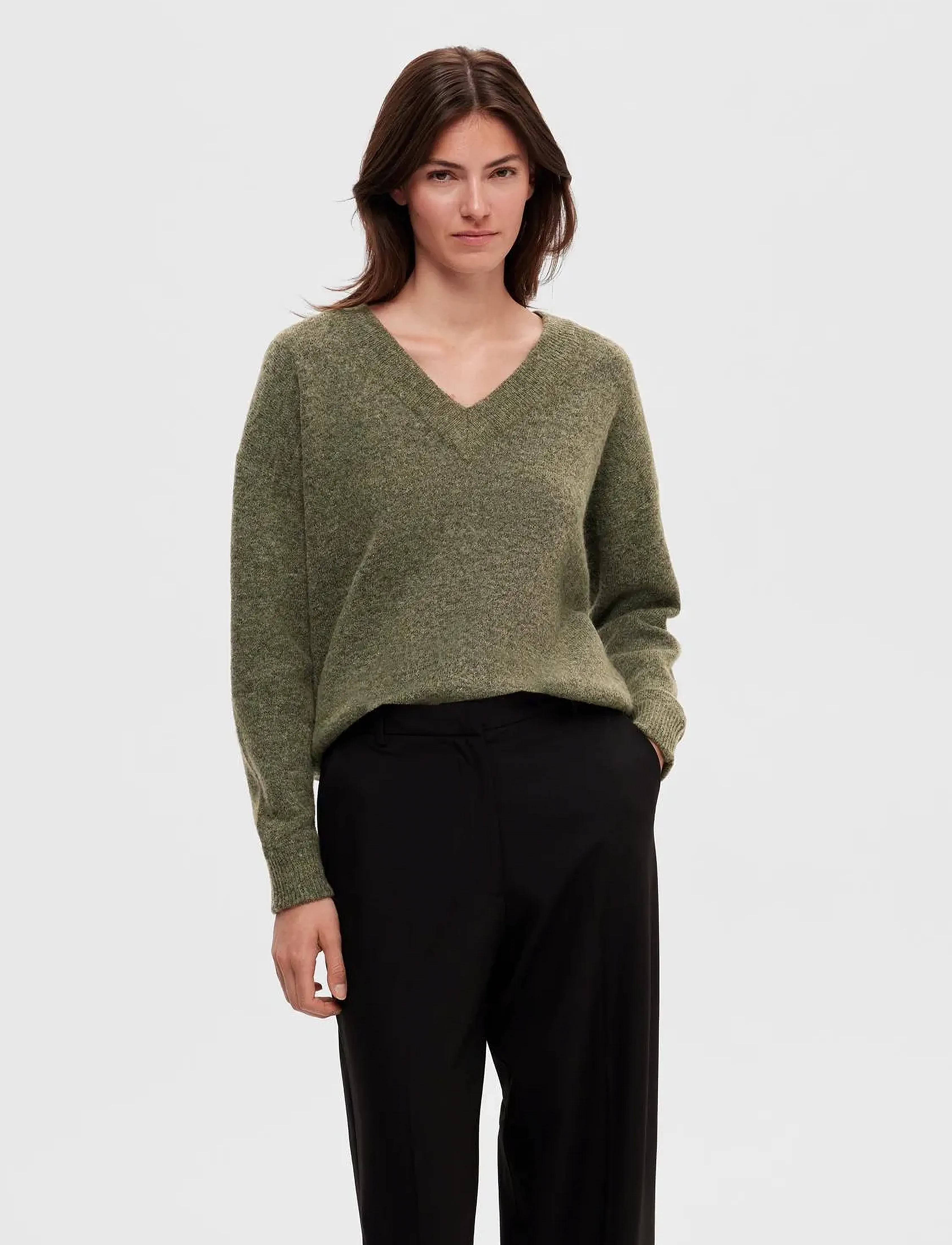 Selected - SLFMALINE LS KNIT V-NECK NOOS - dusky green - 4
