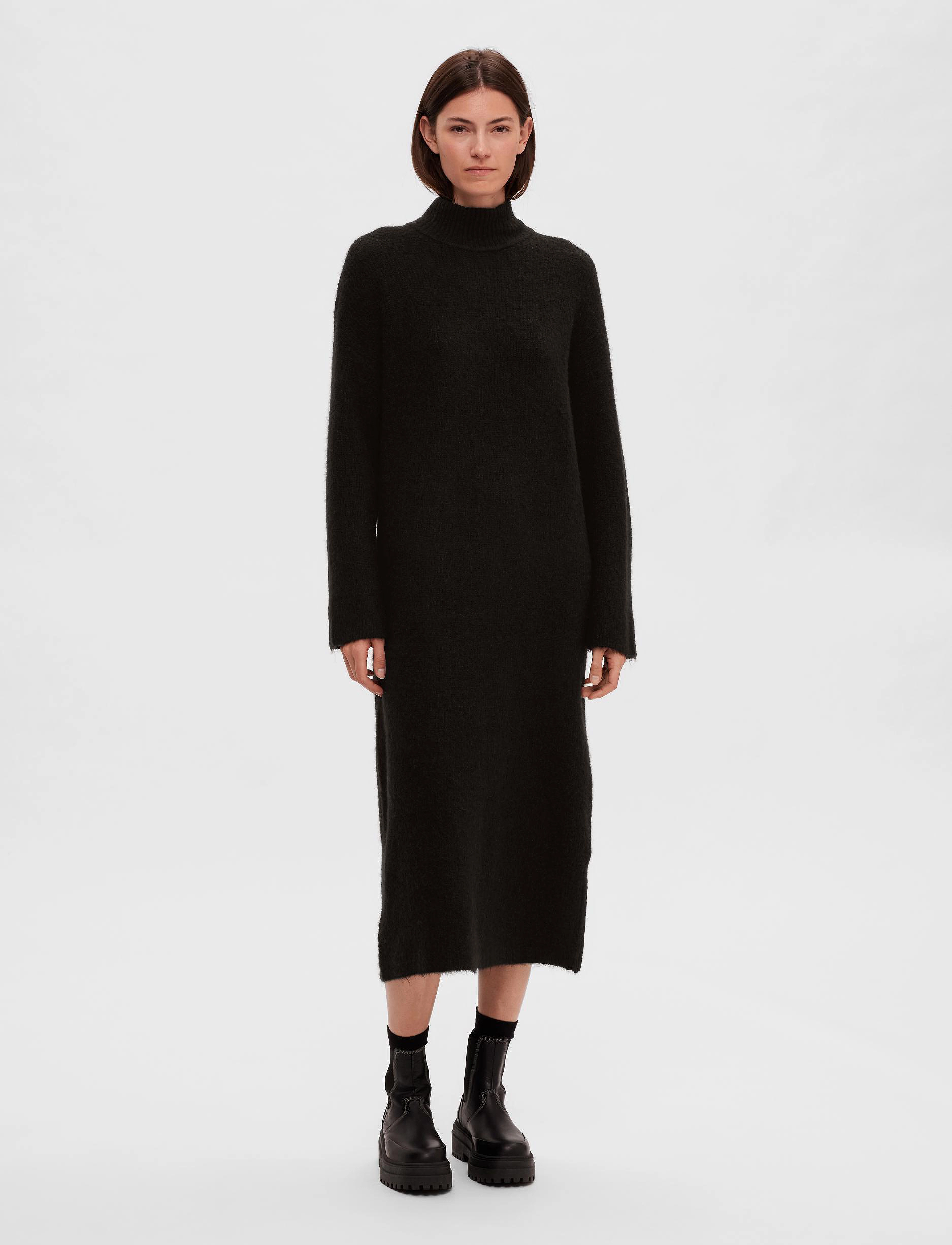 Selected - SLFMALINE LS KNIT DRESS HIGH NECK NOOS - black - 4