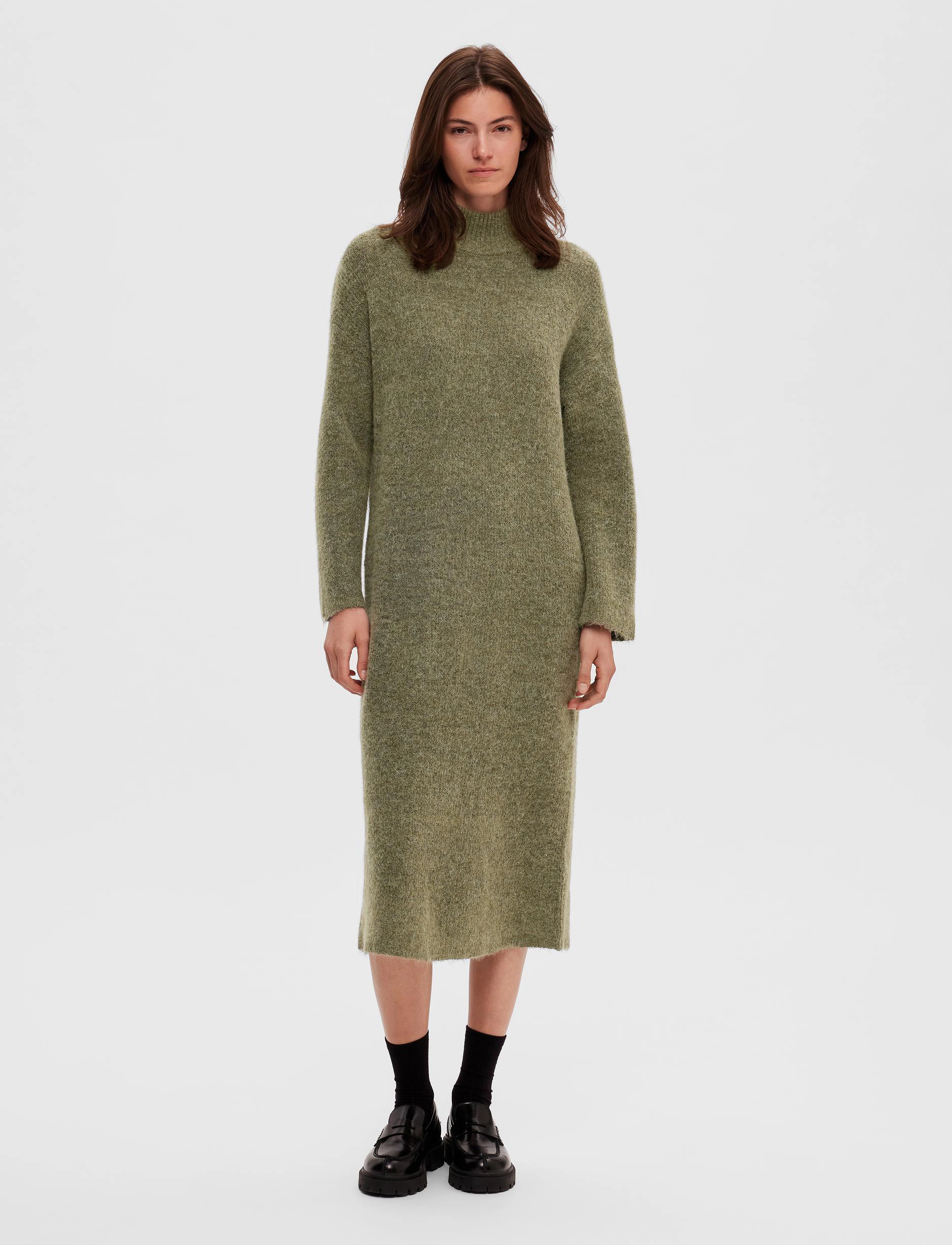 Selected - SLFMALINE LS KNIT DRESS HIGH NECK NOOS - dusky green - 4