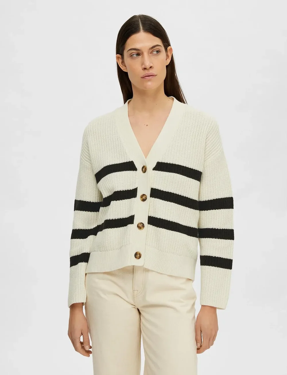 Selected - SLFBLOOMIE LS KNIT V-NECK CARDIGAN NOOS - cardigans - snow white - 0