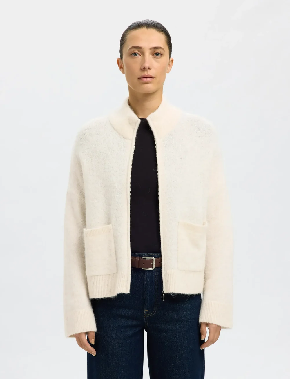 Selected - SLFSIA RAS LS KNIT ZIPPER CARDIGAN NOOS - cardigans - birch - 0