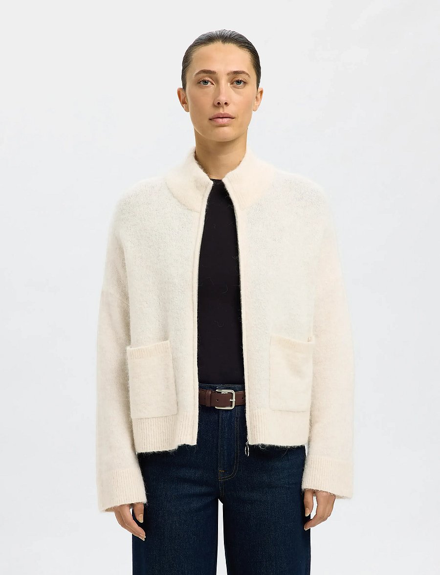 Selected - SLWSIA RAS LS KNIT ZIPPER CARDIGAN NOOS - gilets - birch - 0