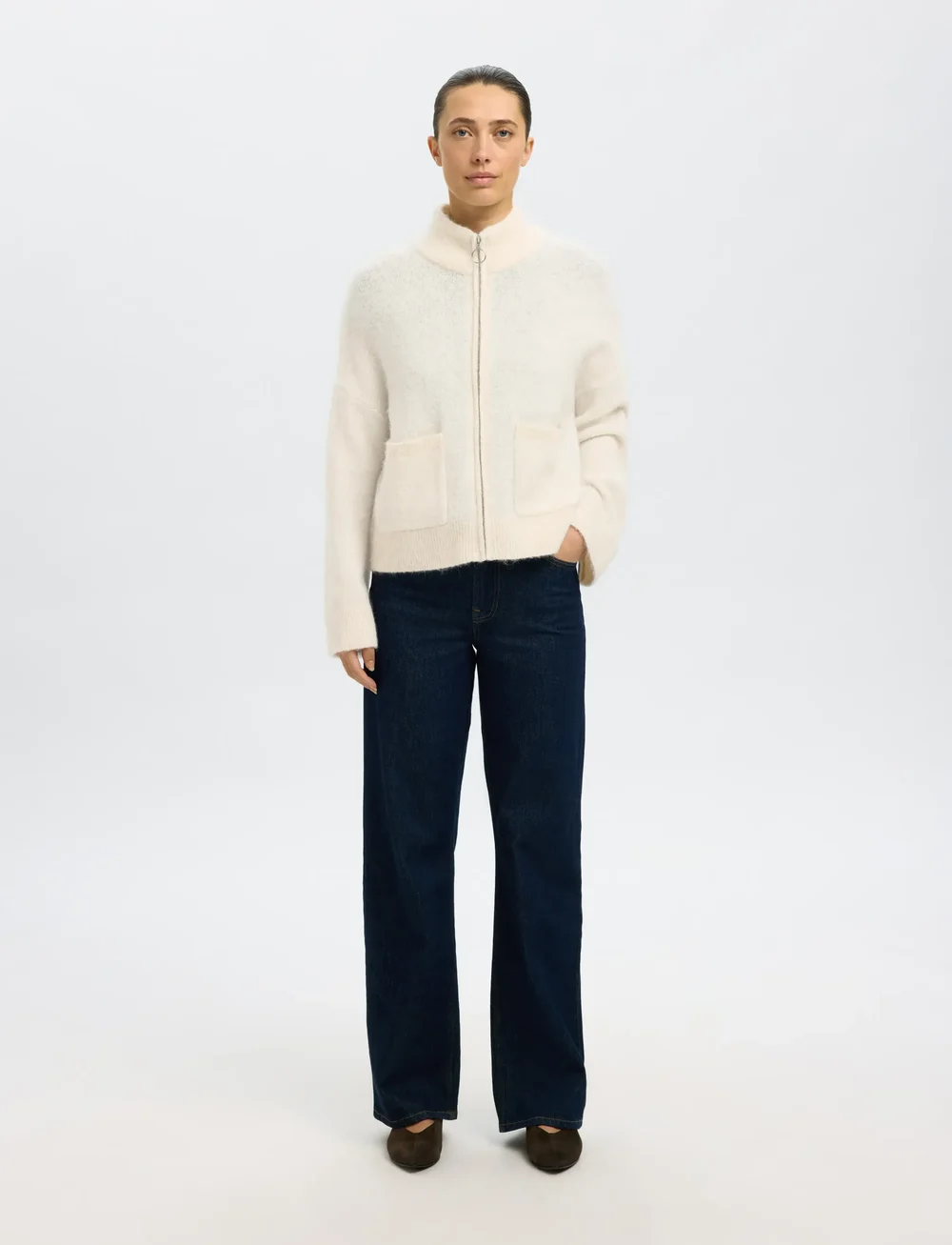 Selected - SLFSIA RAS LS KNIT ZIPPER CARDIGAN NOOS - cardigans - birch - 4