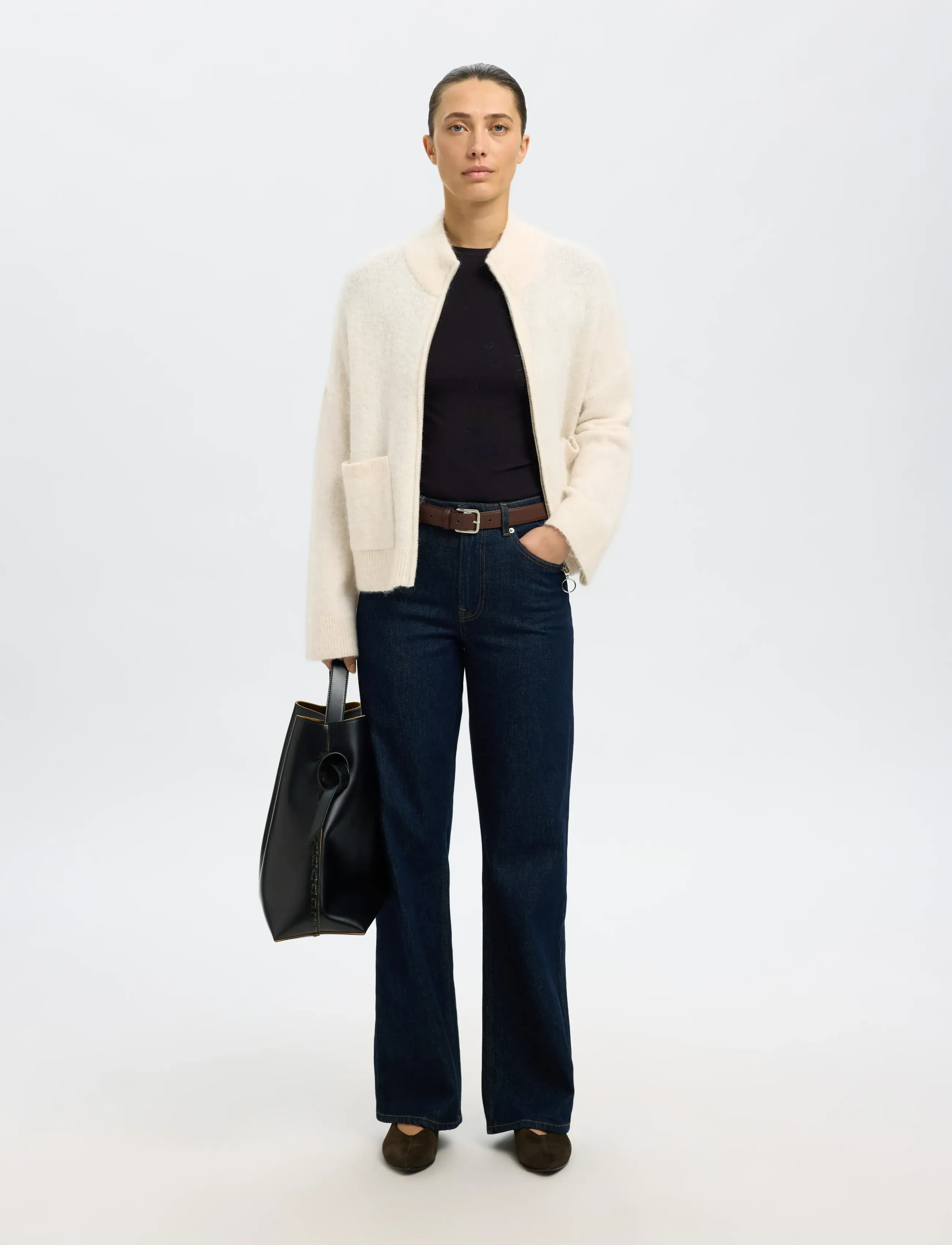 Selected SLFSIA RAS LS KNIT ZIPPER CARDIGAN NOOS - Strickmode - BIRCH / cream