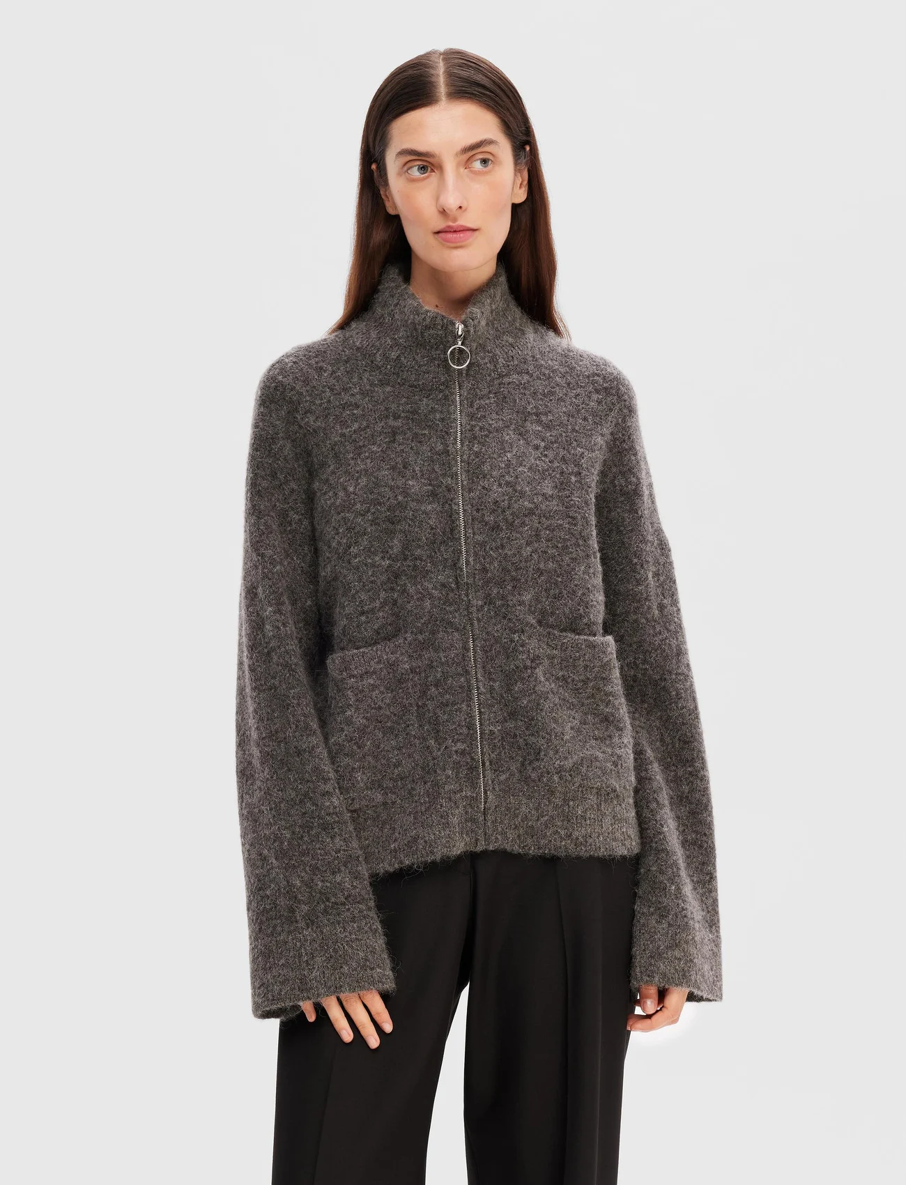 Selected Femme - SLFSIA RAS LS KNIT ZIPPER CARDIGAN NOOS - swetry rozpinane - medium grey melange - 0