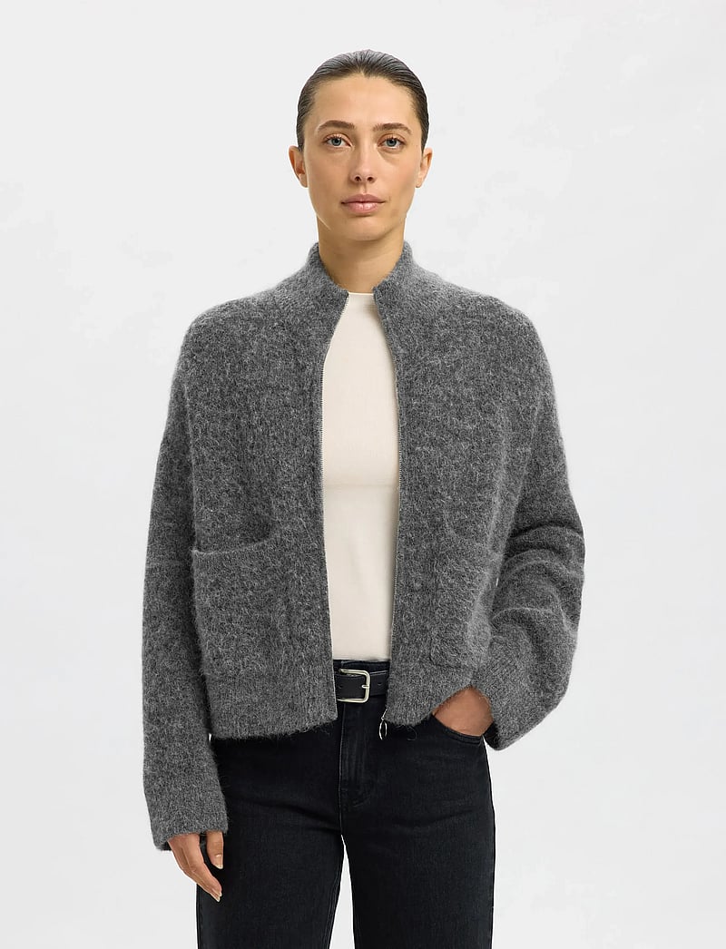 Selected - SLWSIA RAS LS KNIT ZIPPER CARDIGAN NOOS - kardiganid - medium grey melange - 0