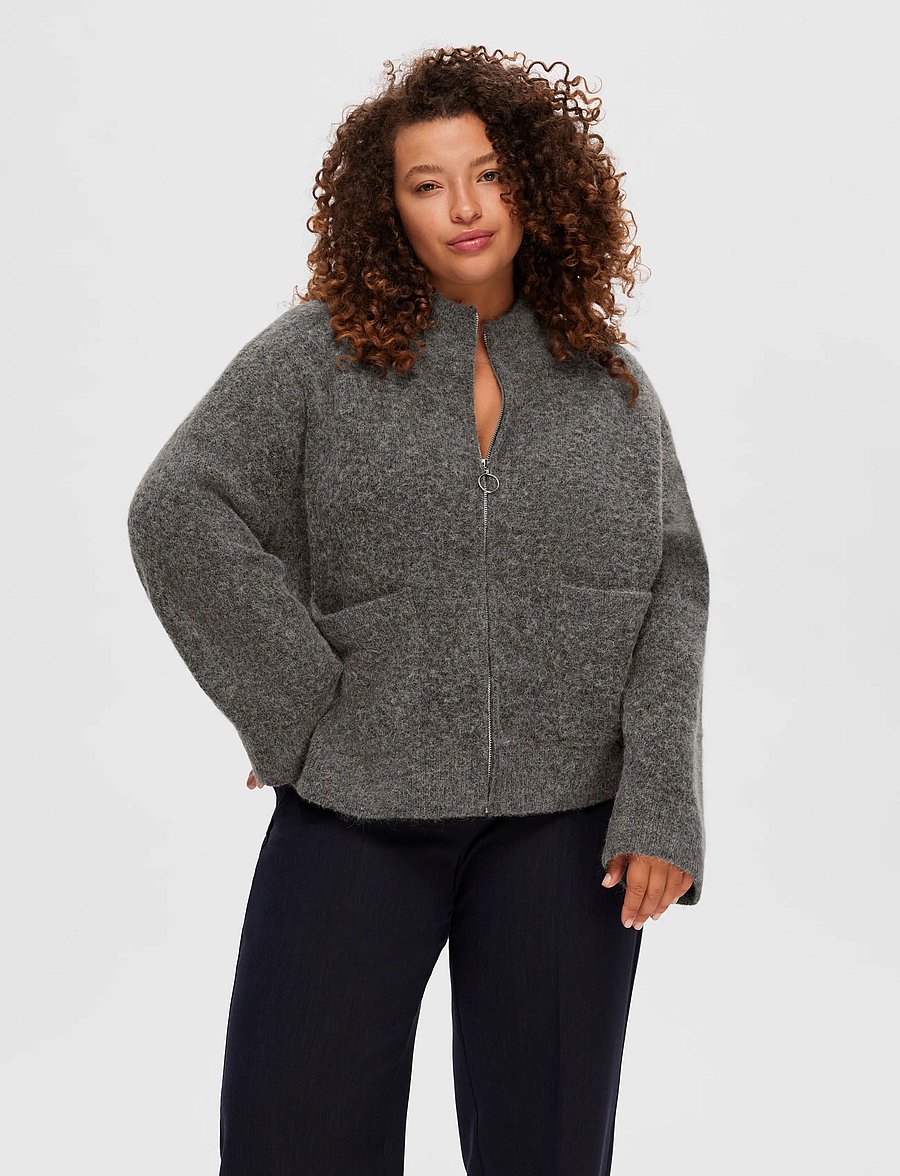 Selected - SLWSIA RAS LS KNIT ZIPPER CARDIGAN NOOS - koftor - medium grey melange - 0
