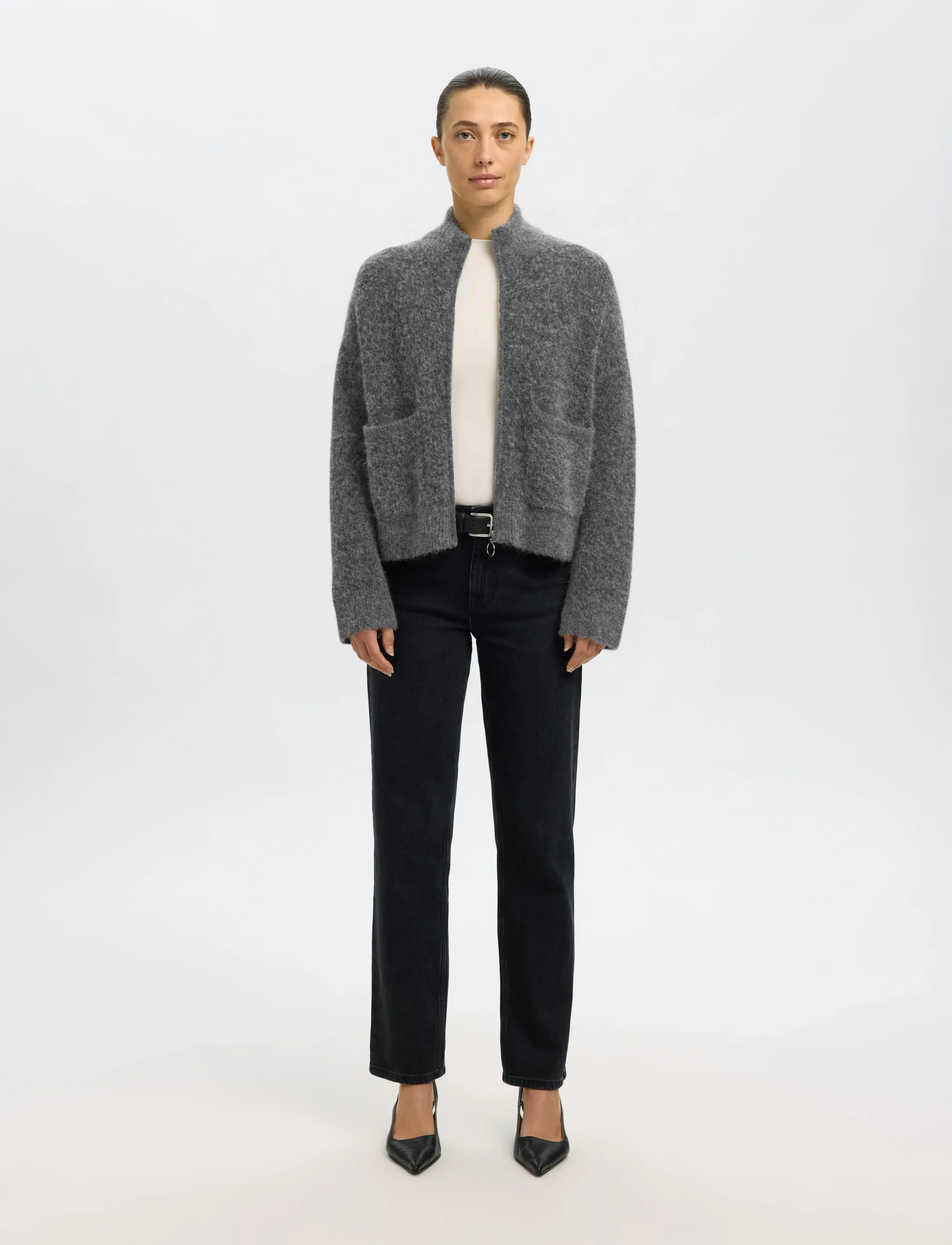 Selected - SLWSIA RAS LS KNIT ZIPPER CARDIGAN NOOS - cardigans - medium grey melange - 4