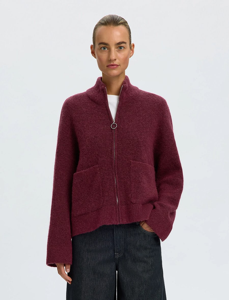 Selected - SLWSIA RAS LS KNIT ZIPPER CARDIGAN NOOS - koftor - tawny port - 0