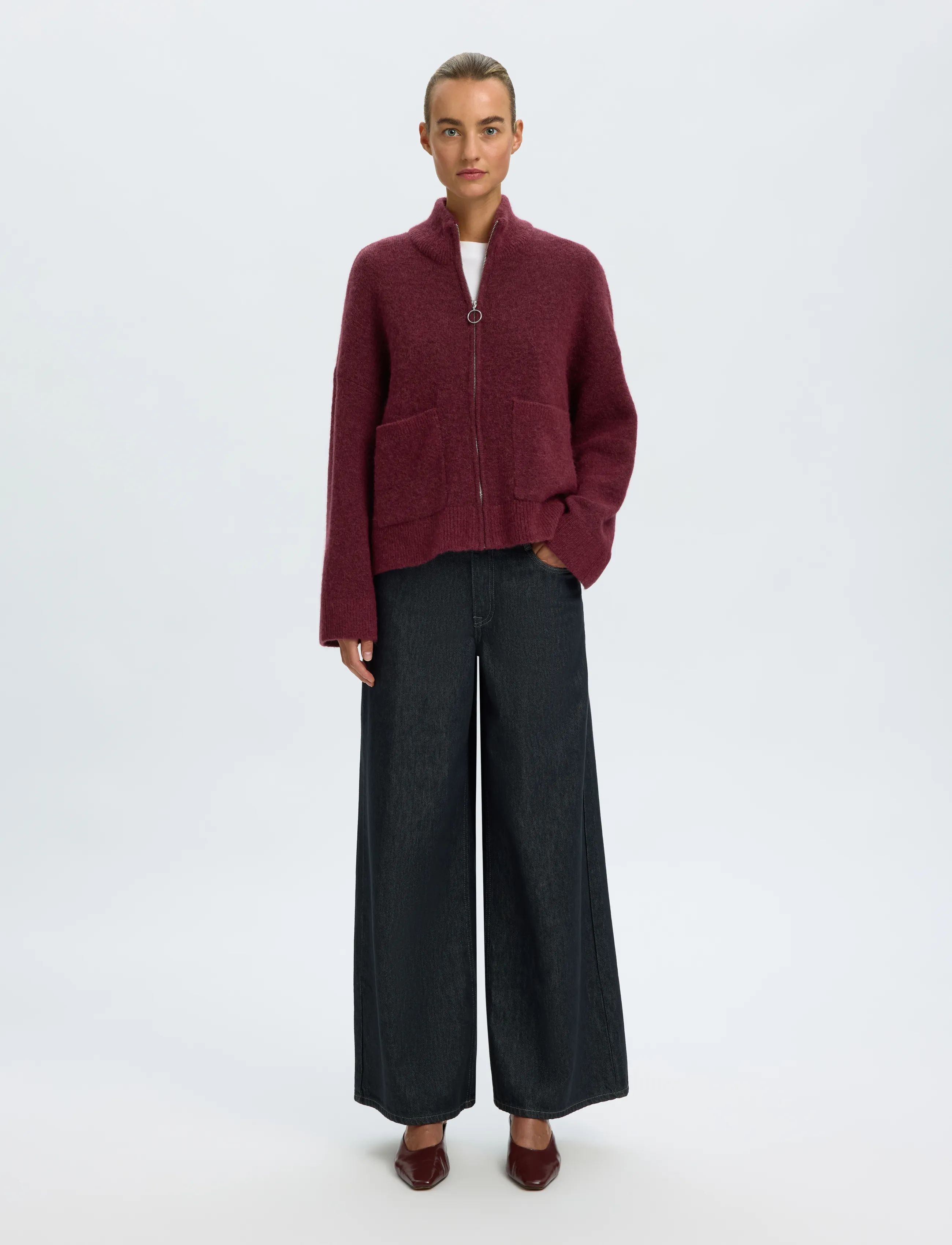Selected - SLWSIA RAS LS KNIT ZIPPER CARDIGAN NOOS - koftor - tawny port - 3