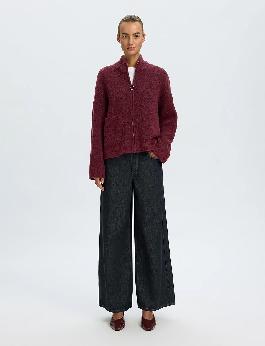 Selected - SLWSIA RAS LS KNIT ZIPPER CARDIGAN NOOS - koftor - tawny port - 3