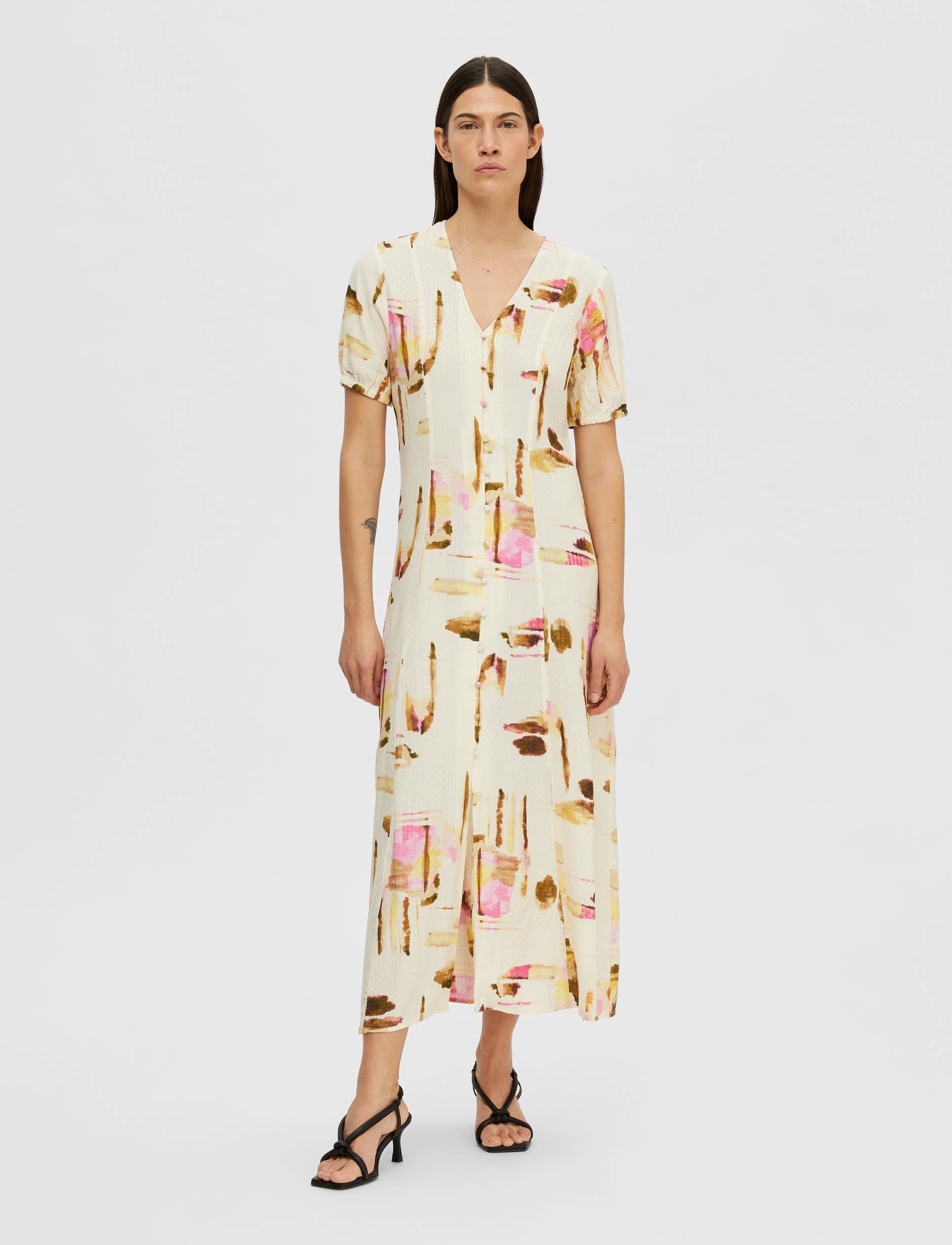 Selected SLFLIVA-LIDA SS MIDI DRESS EX - Hemdkleider - PRISTINE / beige