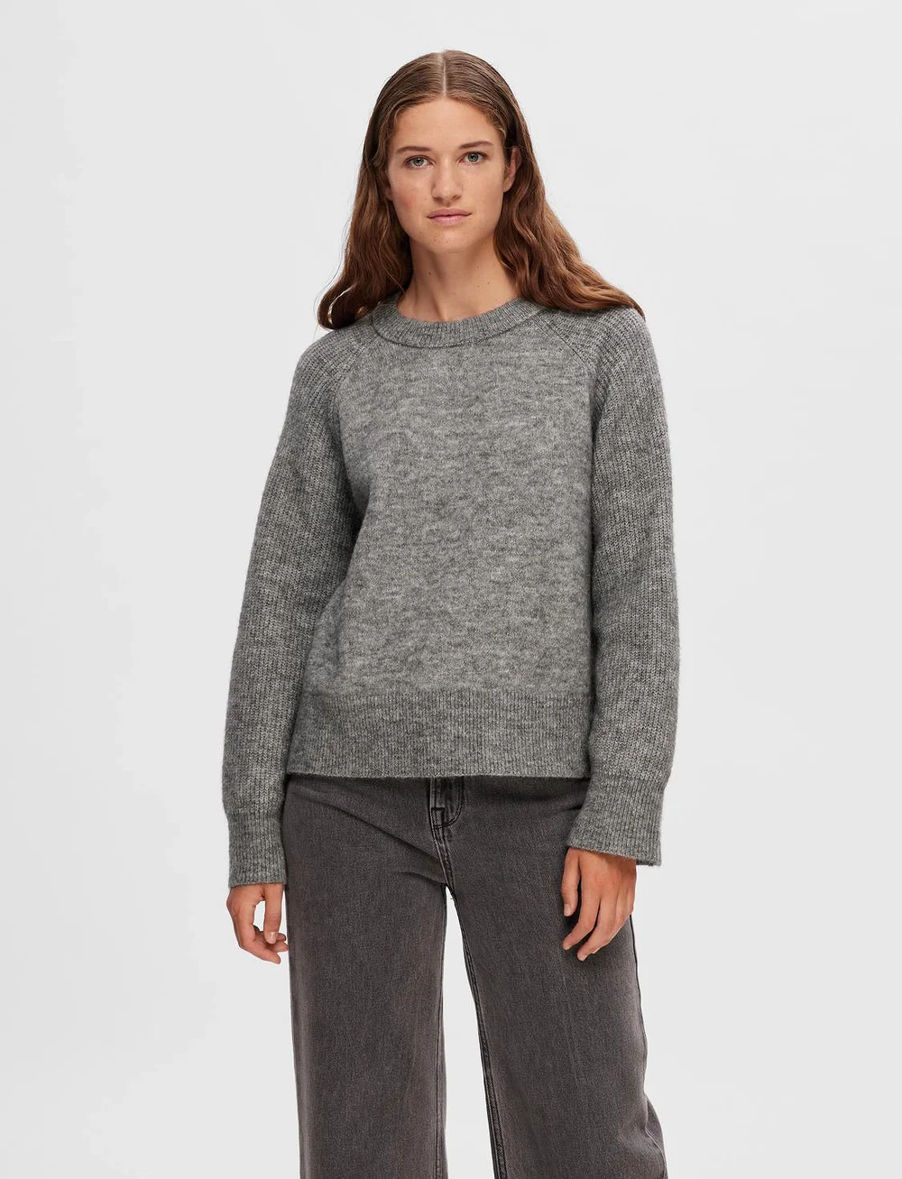 Selected - SLFRENA LS KNIT O-NECK CAMP - striktrøjer - medium grey melange - 0
