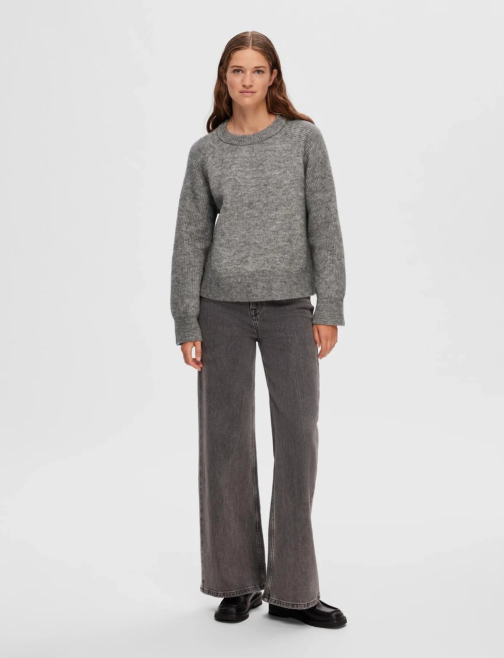 Selected - SLFRENA LS KNIT O-NECK CAMP - striktrøjer - medium grey melange - 4