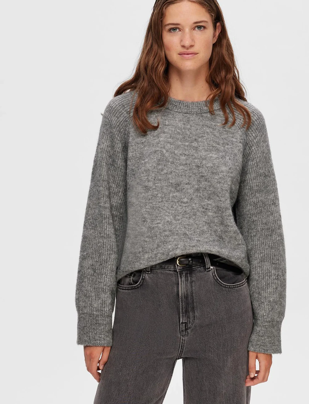 Selected - SLFRENA LS KNIT O-NECK CAMP - striktrøjer - medium grey melange - 5