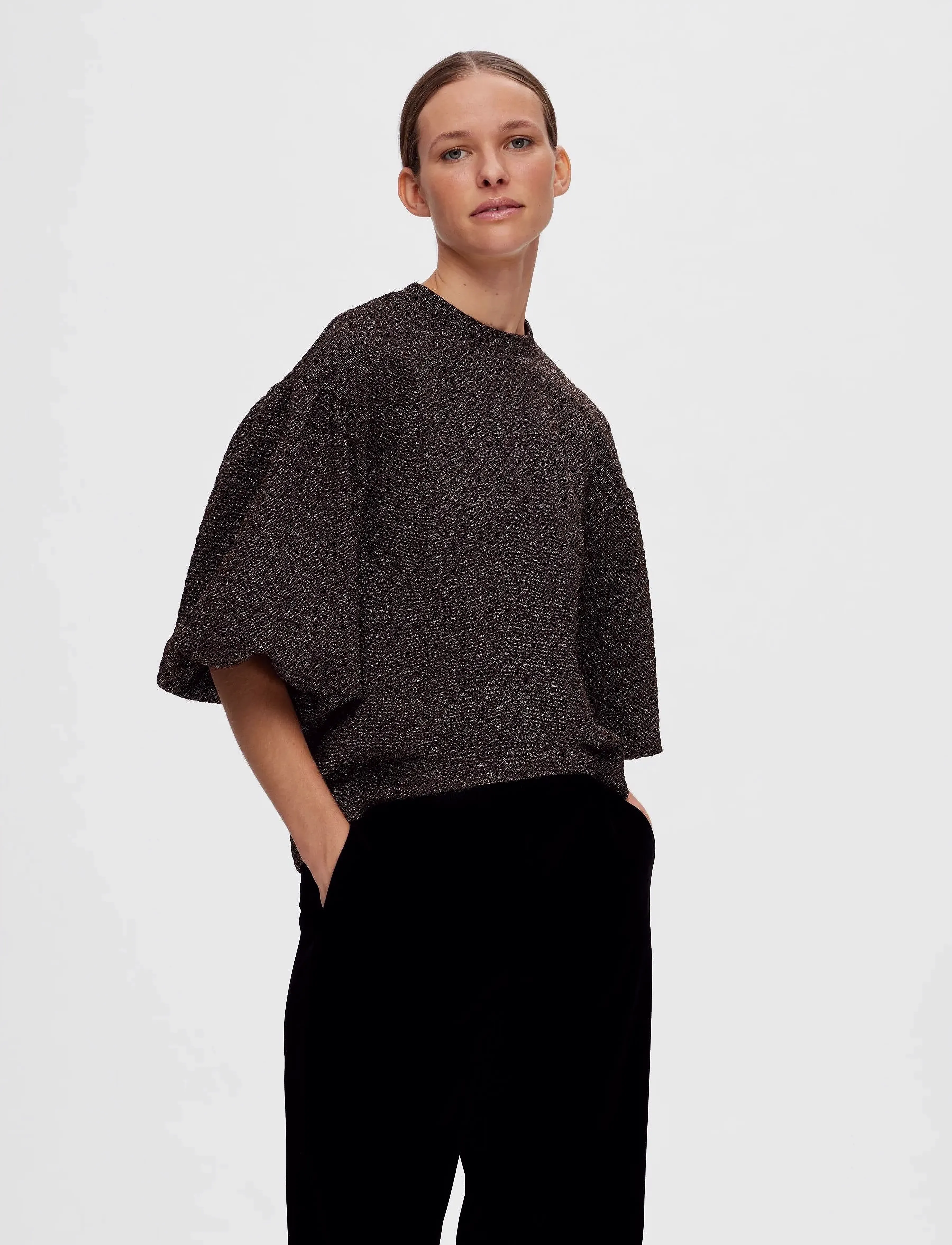 Selected - SLFAGNETHE 2/4 O-NECK JAQUARD TOP - kurzämlige blusen - black - 3