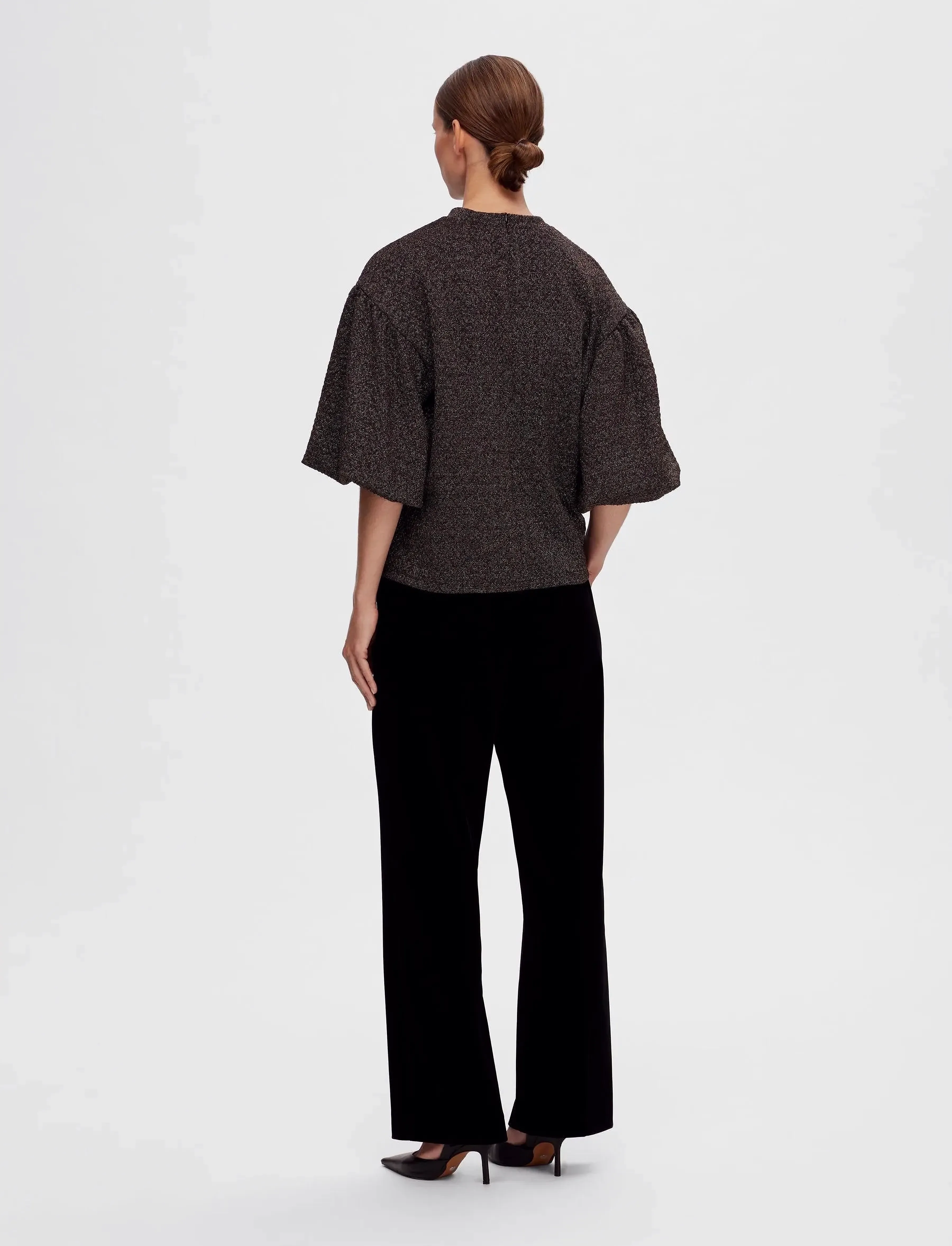 Selected - SLFAGNETHE 2/4 O-NECK JAQUARD TOP - kurzämlige blusen - black - 4