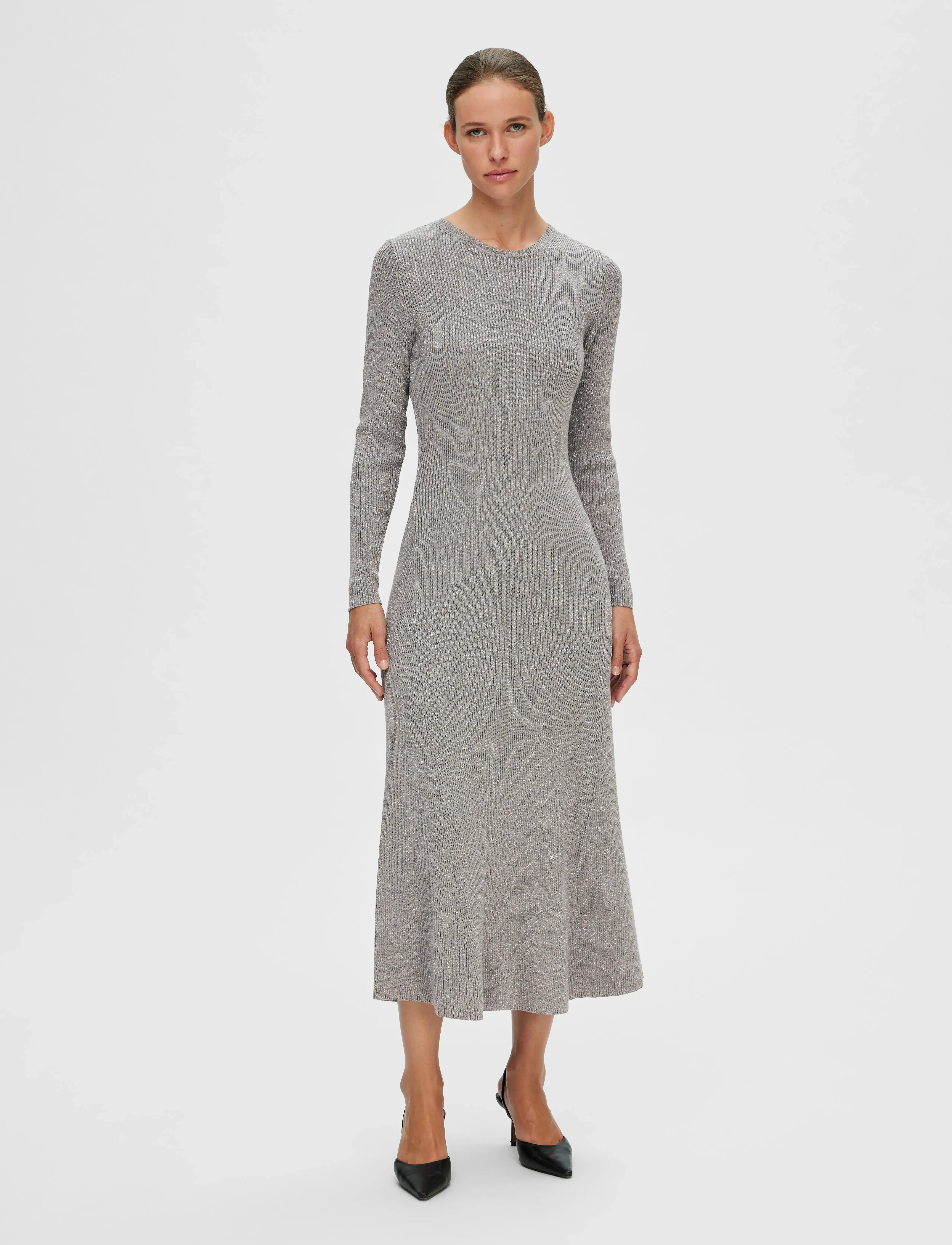Selected - SLFLURA LUREX LS KNIT DRESS - midi-kleider - medium grey melange - 5