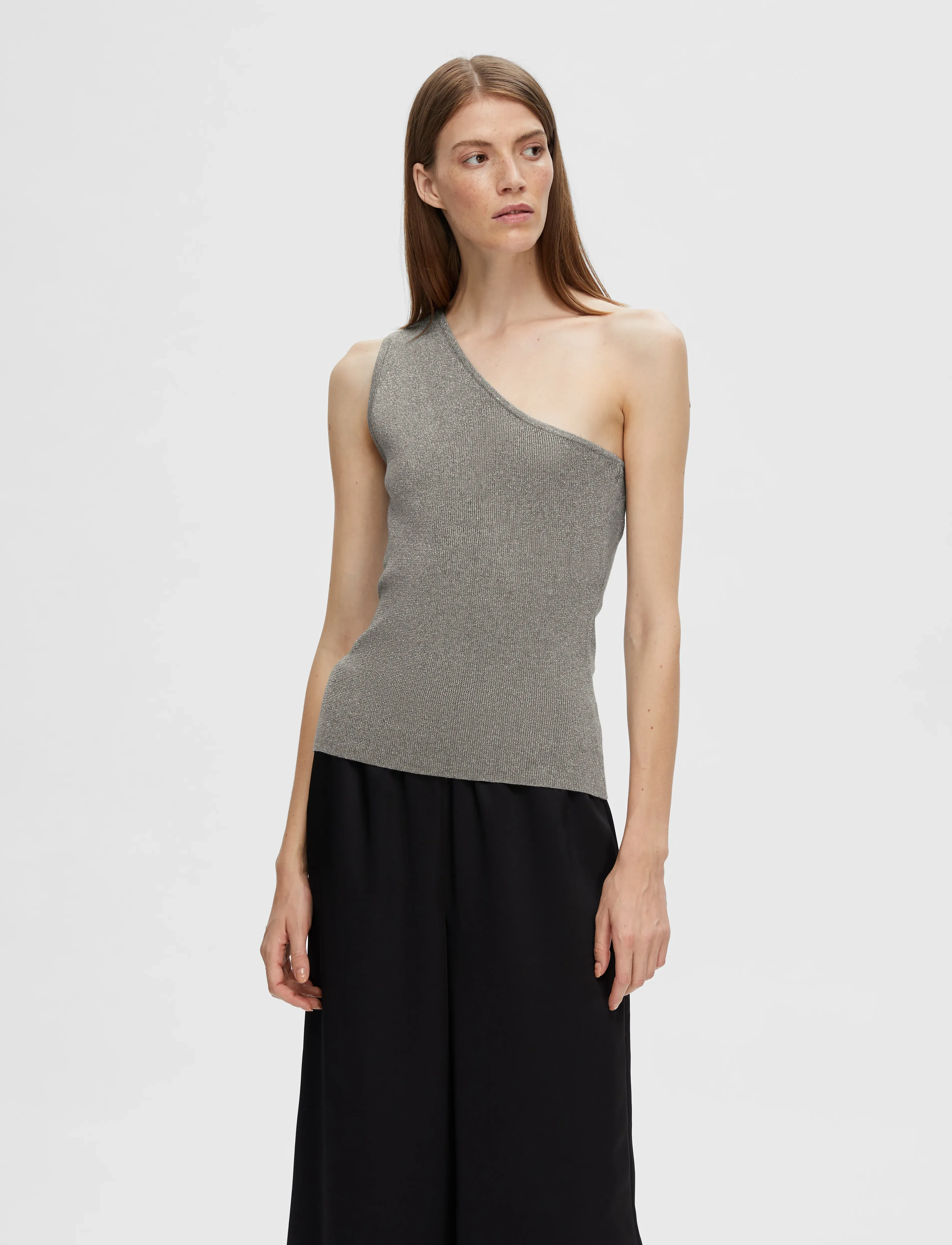 Selected - SLFLURA LUREX ONE SHOULDER KNIT TOP - Ärmellose tops - medium grey melange - 4