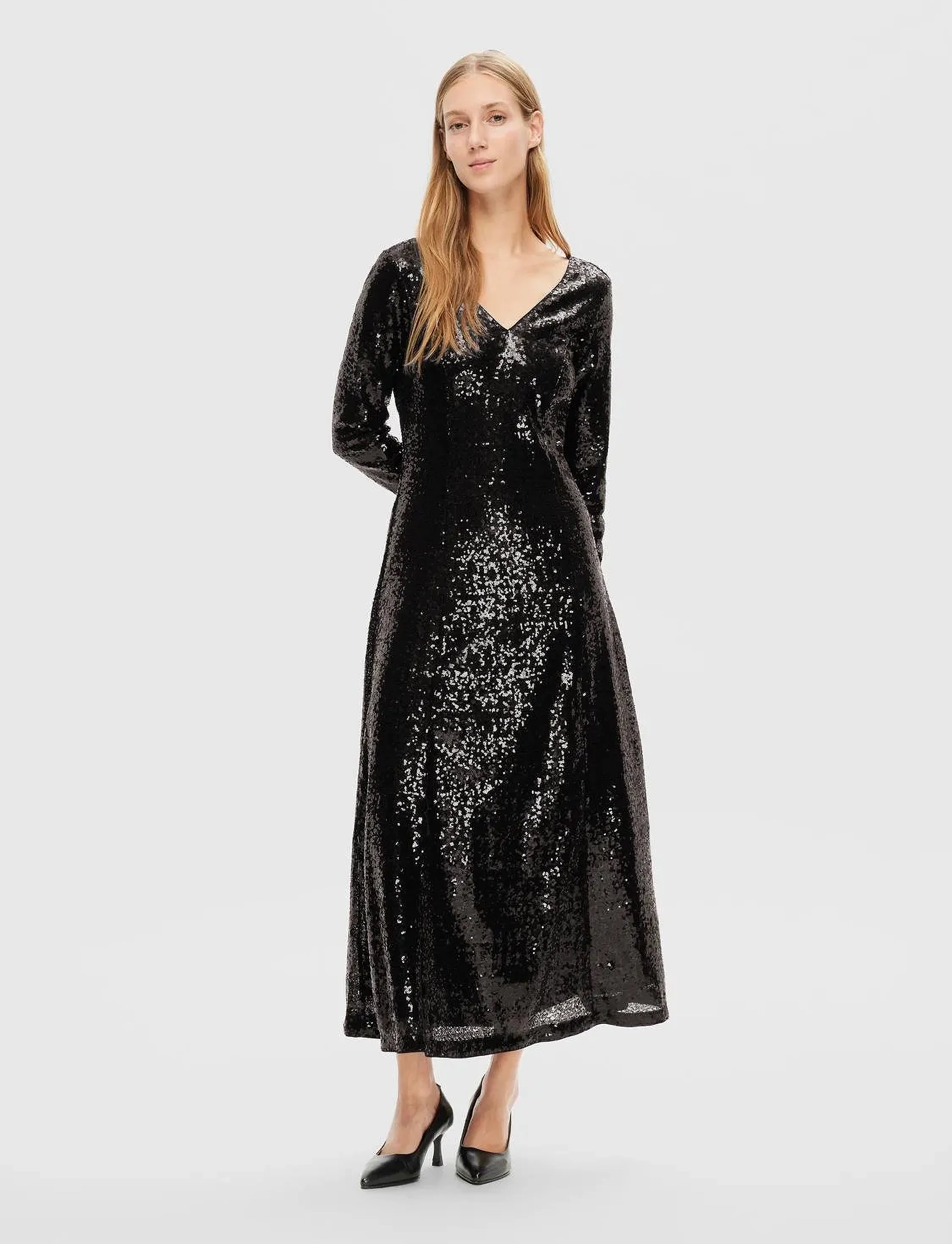 Selected Slfalaia Ls Midi Sequins Dress B, 36, Dresses, Schwarz - Knee-length & Midi, Frauen