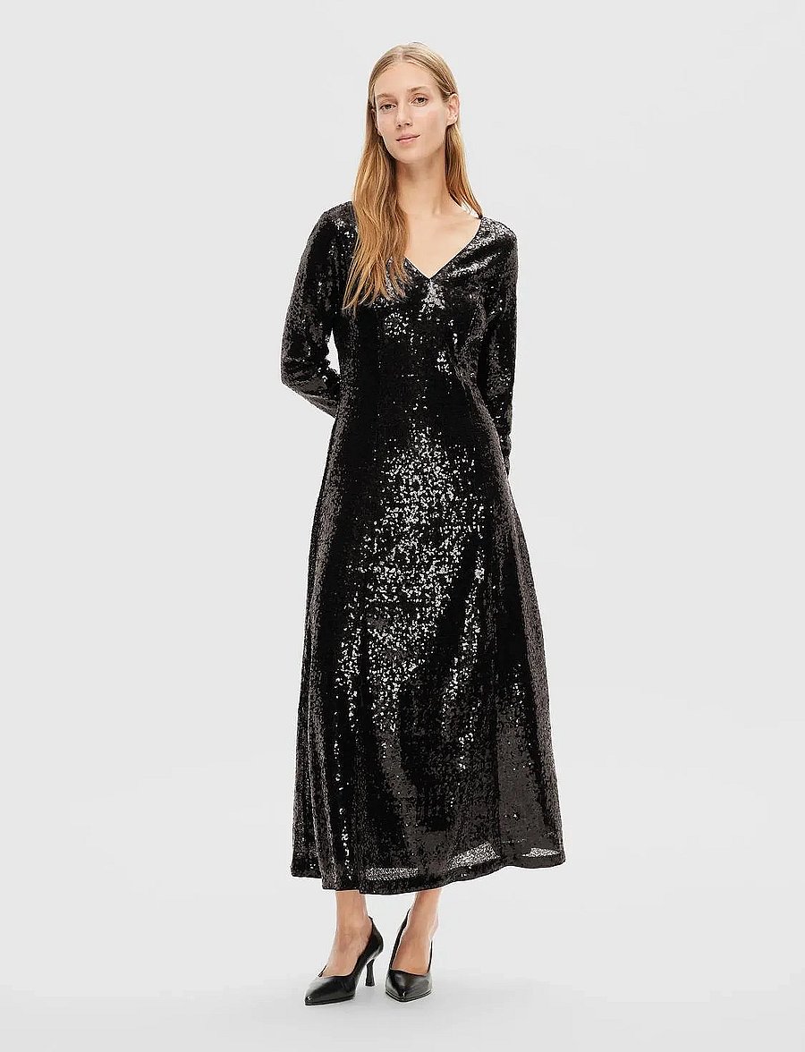 Selected - SLFALAIA LS MIDI SEQUINS DRESS B - pailletkjoler - black - 0
