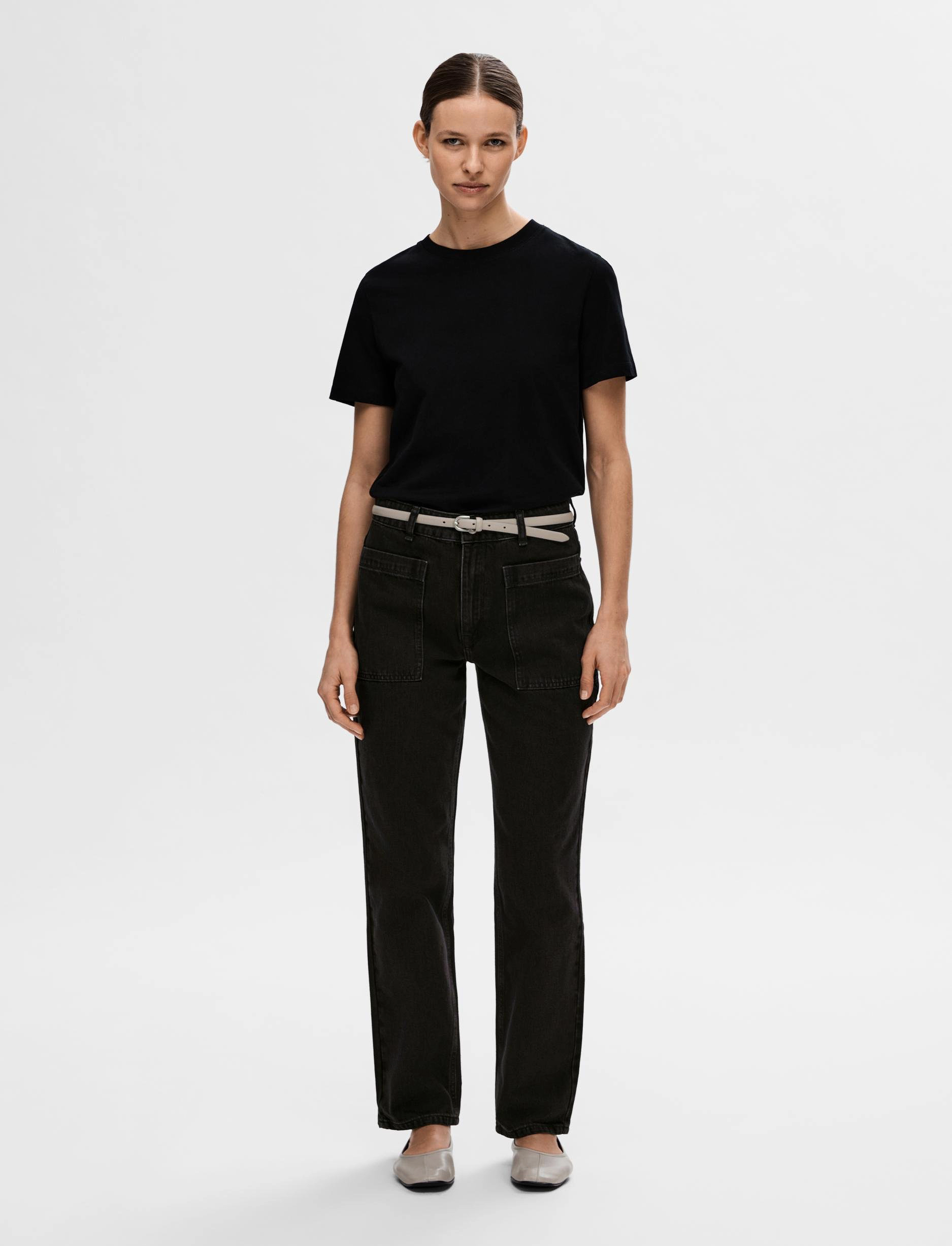 Selected - SLFKATE-MARLEY HW BLACK STR POCKET JEANS - straight jeans - black denim - 4