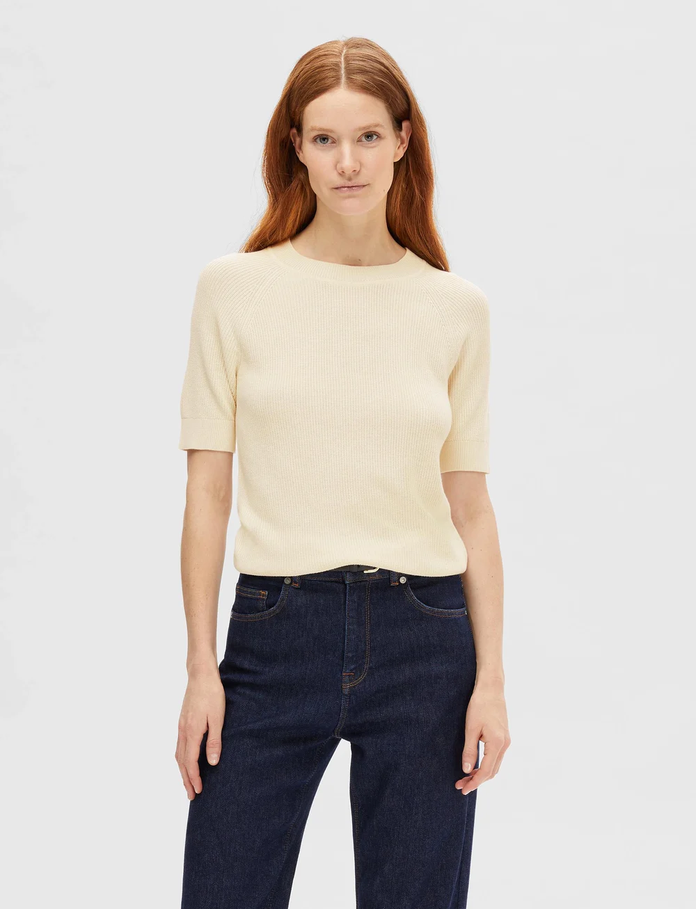 Selected - SLFELINNA NEW SS KNIT TOP NOOS - striktrøjer - birch - 0
