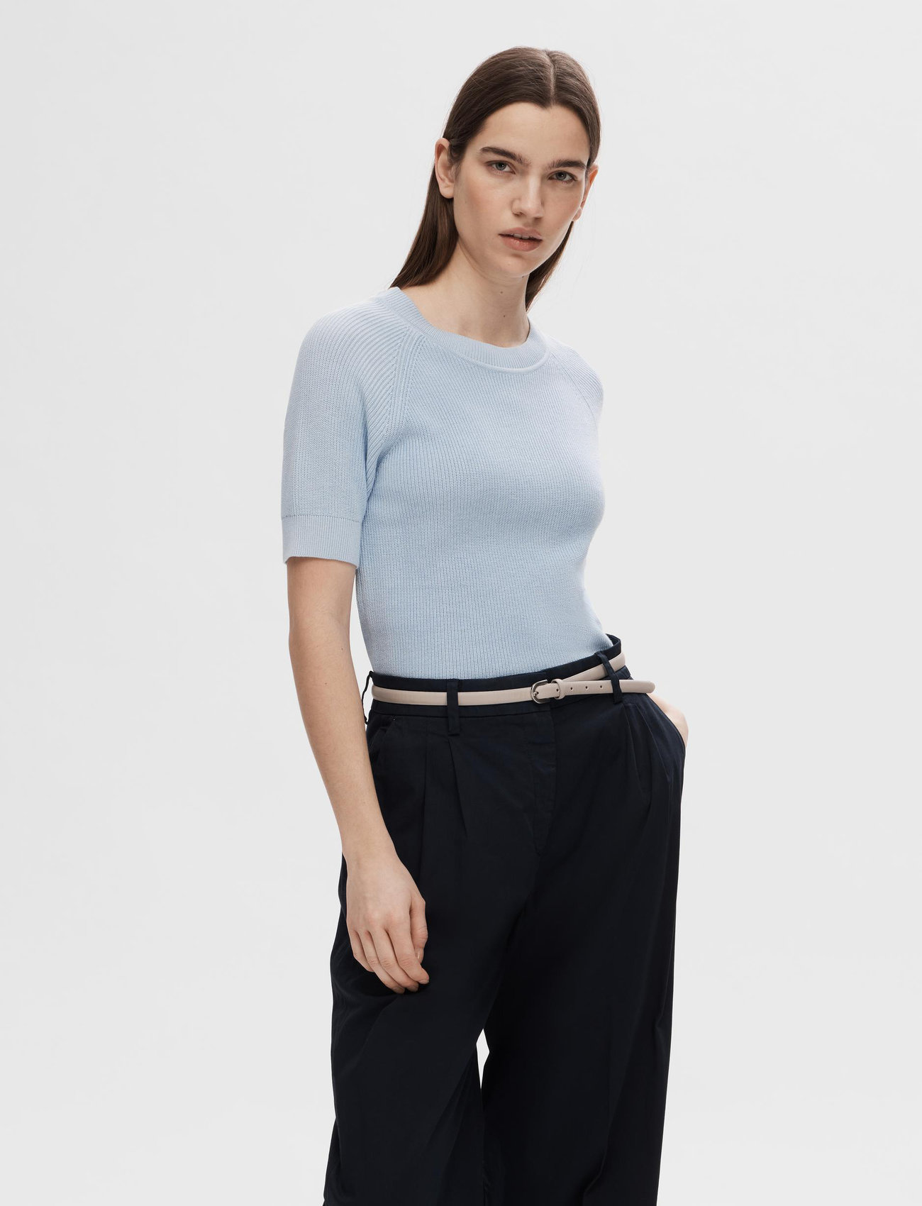 Selected Femme - SLFELINNA NEW SS KNIT TOP NOOS - swetry - cashmere blue - 1