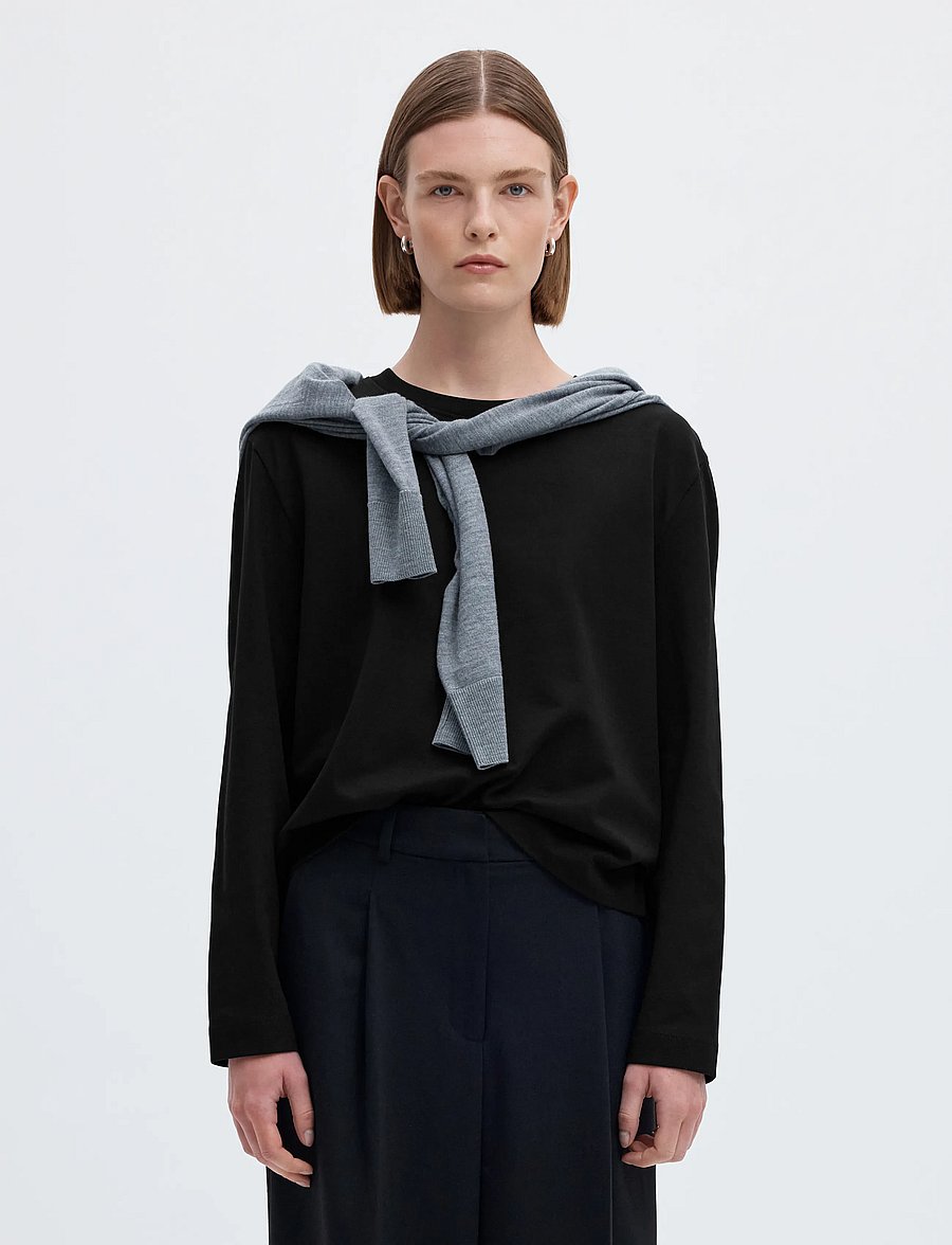 Selected - SLWESSENTIAL LS BOXY TEE NOOS - langärmlige tops - black - 0
