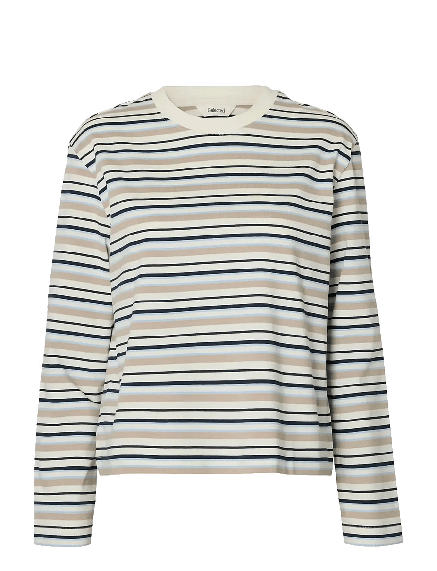 Selected - SLWESSENTIAL LS STRIPED BOXY TEE NOOS - langärmlige tops - cashmere blue - 1