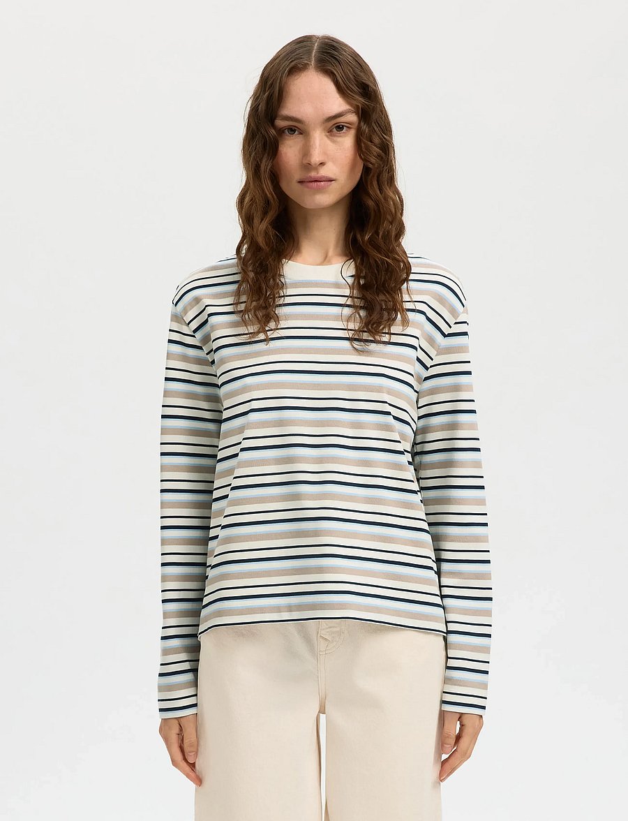 Selected - SLWESSENTIAL LS STRIPED BOXY TEE NOOS - langärmlige tops - cashmere blue - 0