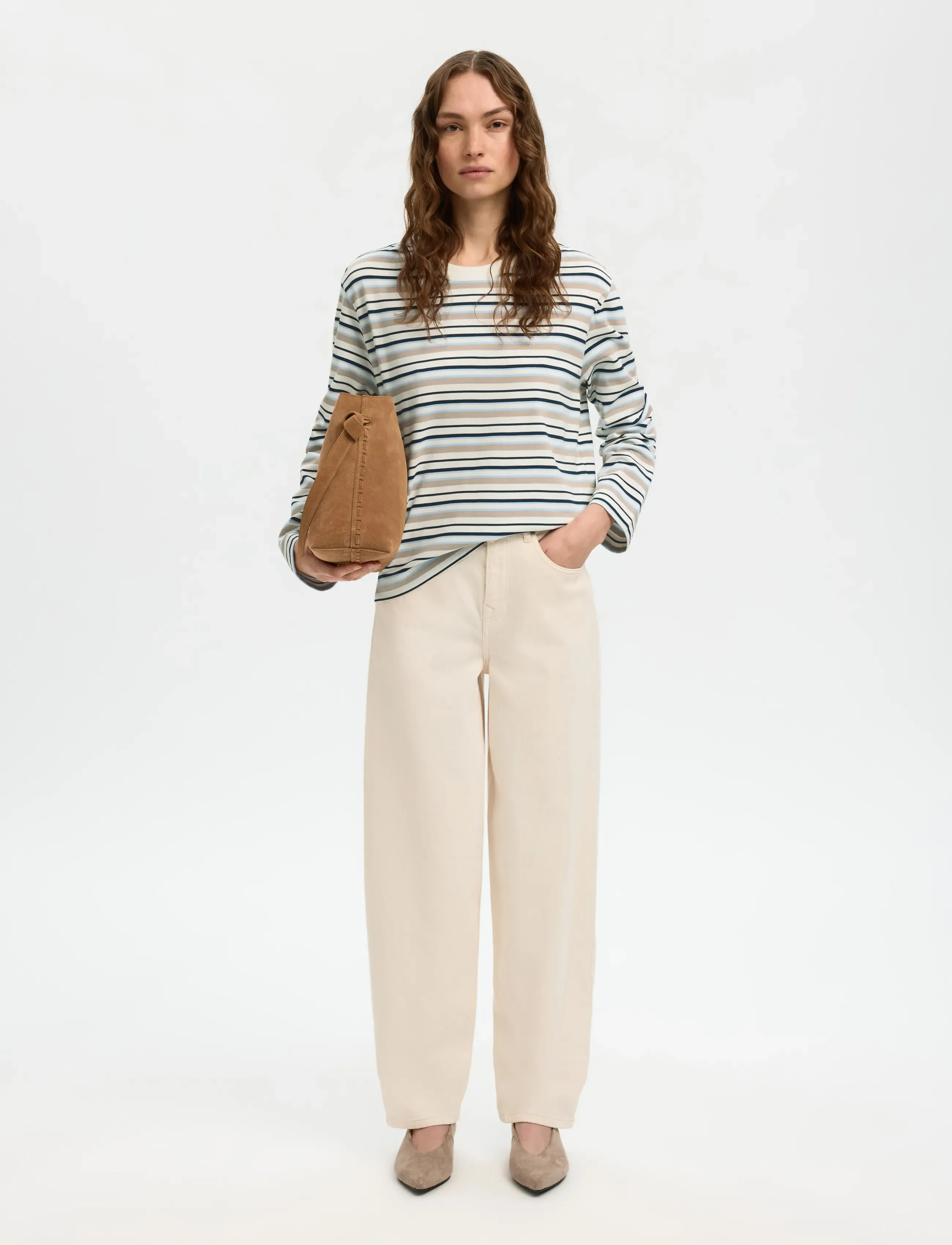 Selected - SLWESSENTIAL LS STRIPED BOXY TEE NOOS - langärmlige tops - cashmere blue - 5