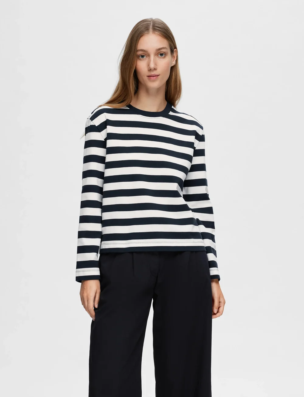Selected - SLFESSENTIAL LS STRIPED BOXY TEE NOOS - long-sleeved tops - dark sapphire - 0