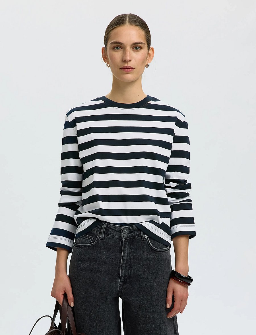Selected - SLWESSENTIAL LS STRIPED BOXY TEE NOOS - langärmlige tops - dark sapphire - 0